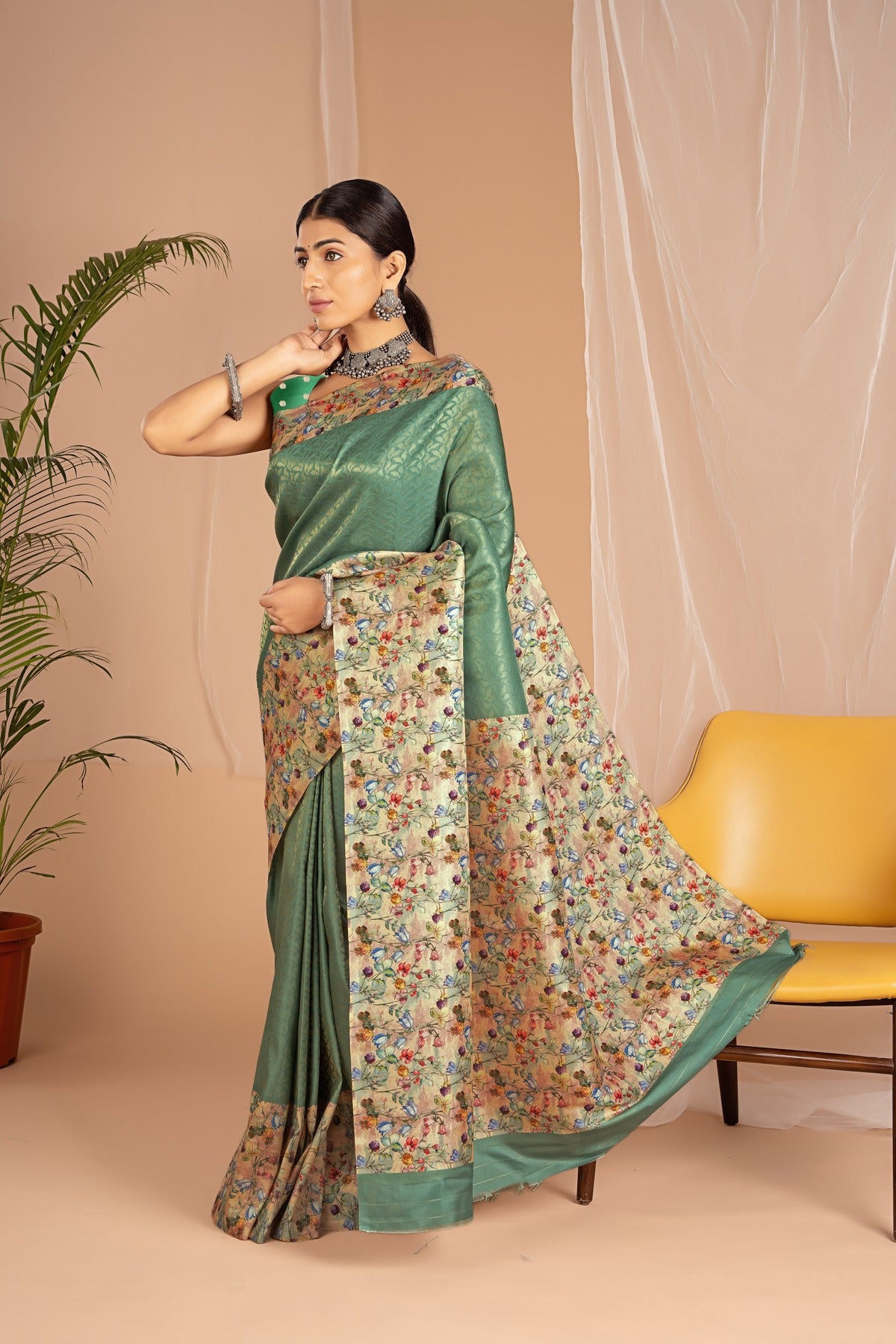 Banarasi Softy Digital Print Floral Silk Dark Green Saree-Festive And Party Wear