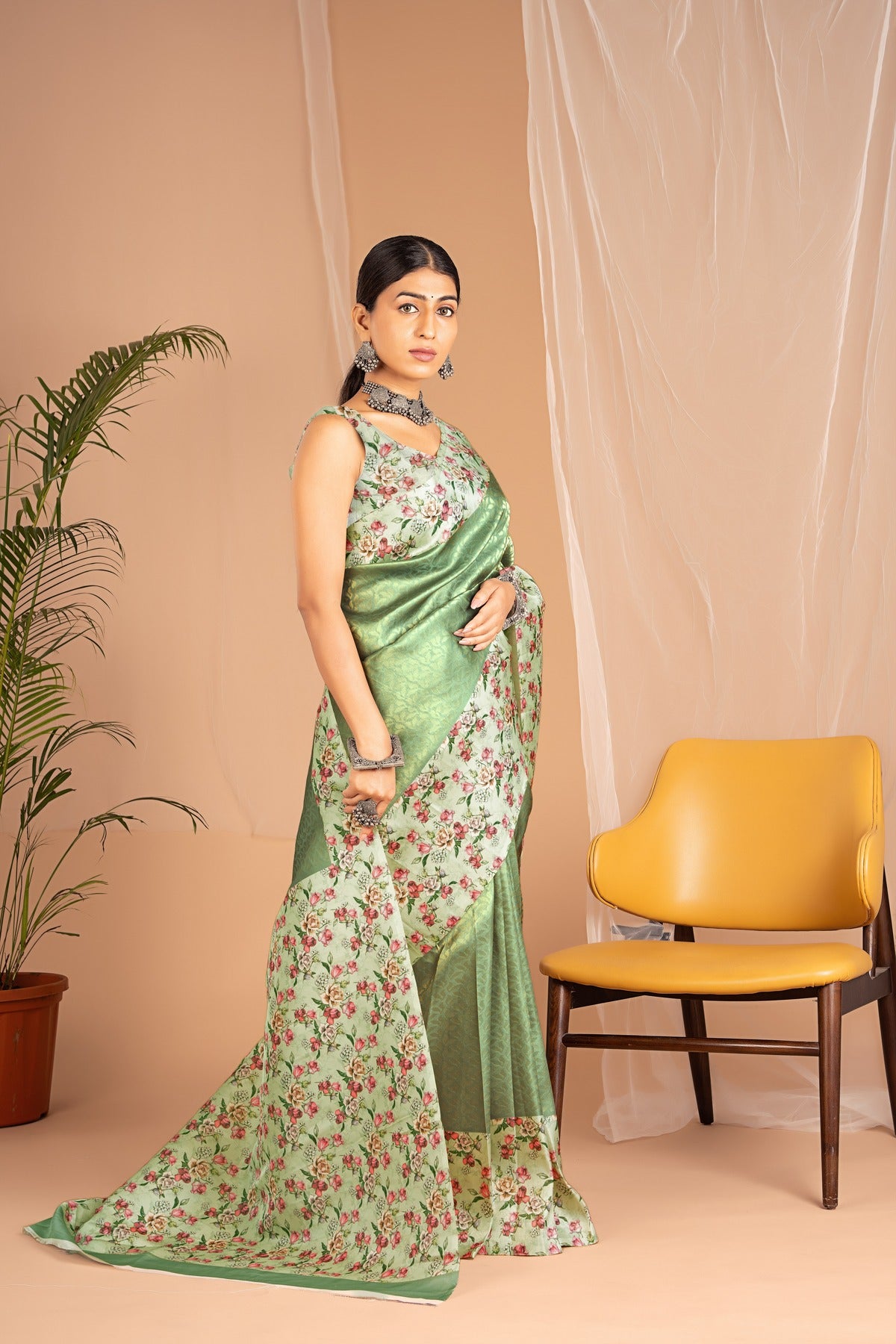 Banarasi Softy Digital Print Floral Silk Shining Green Saree-Festive And Party Wear