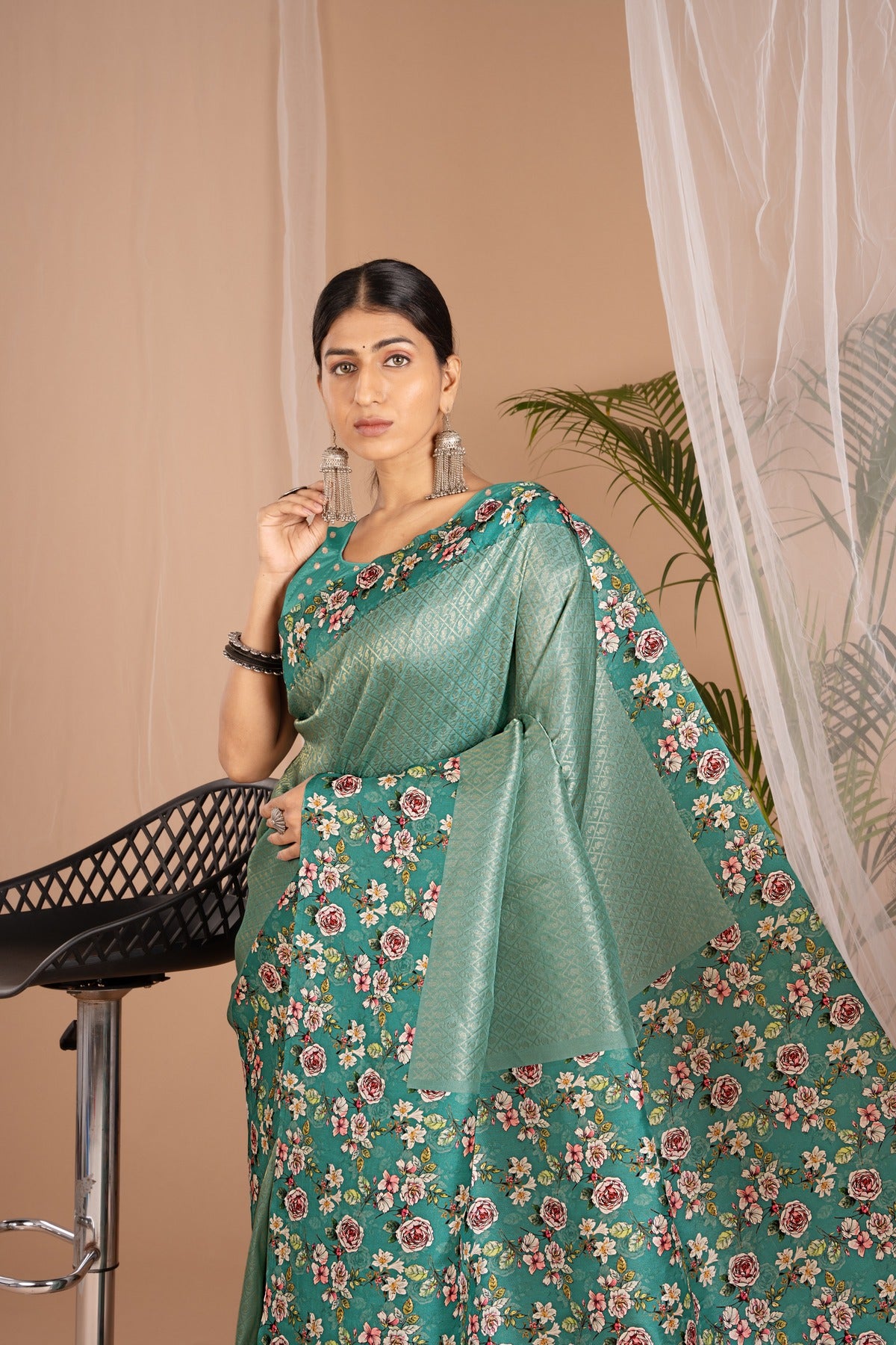 Banarasi Softy Digital Print Floral Silk Fungi Green Saree-Festive And Party Wear