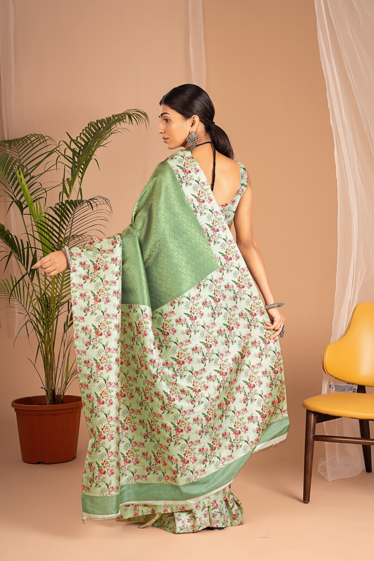 Banarasi Softy Digital Print Floral Silk Shining Green Saree-Festive And Party Wear