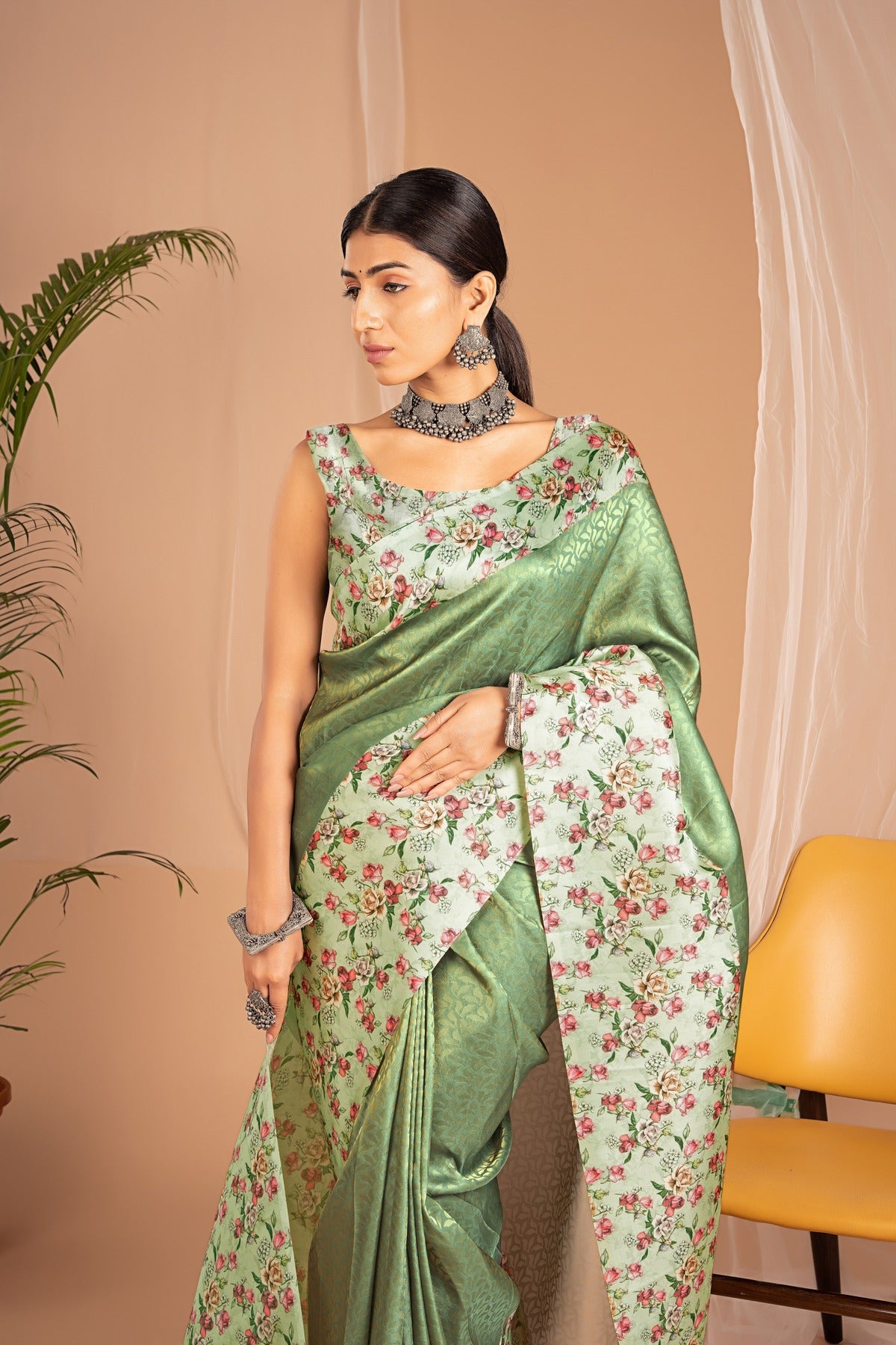 Banarasi Softy Digital Print Floral Silk Shining Green Saree-Festive And Party Wear