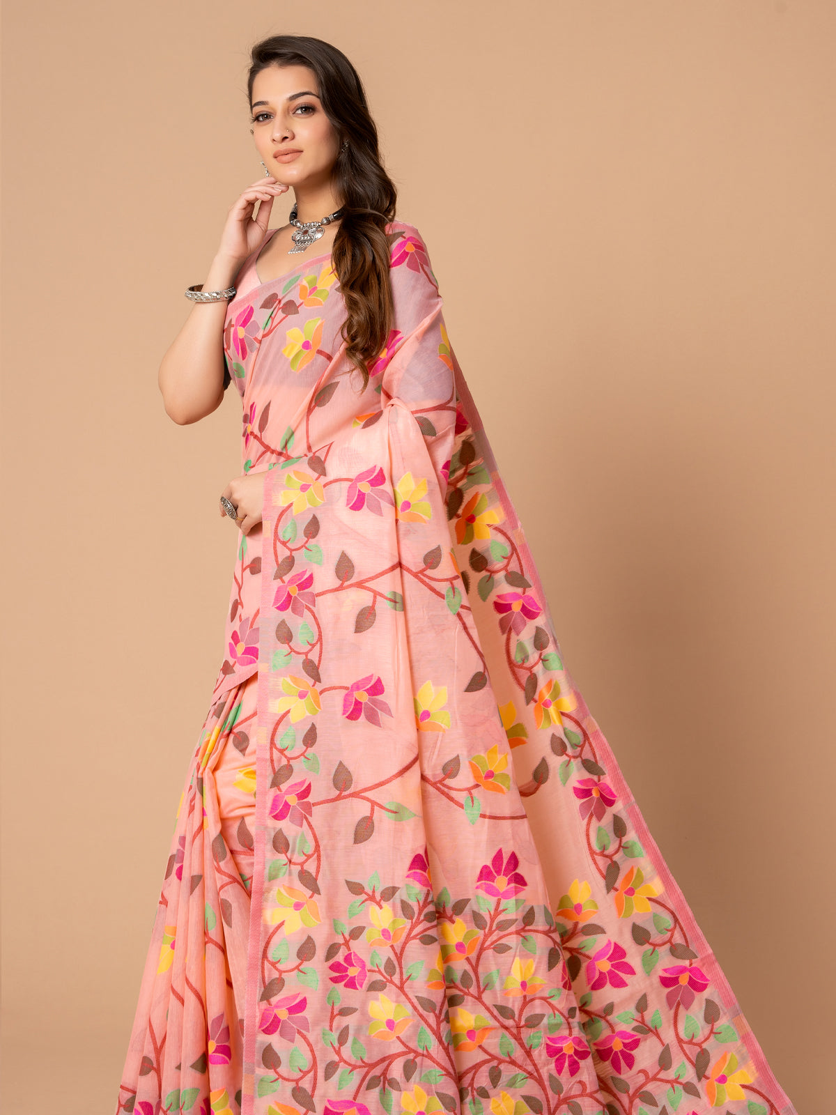 Charming Pink Cotton Muslin Saree with Multicolored Floral Jaal Design