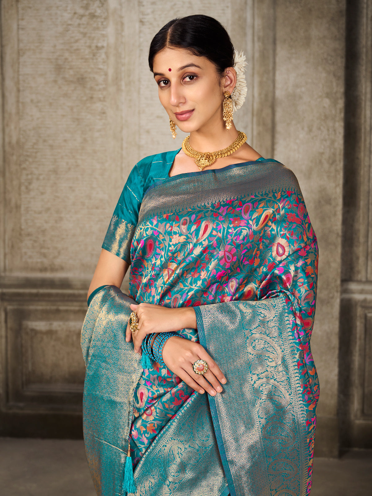 Kanjivaram Silk Turquoise Saree with Antique Gold Minakari Kani Work