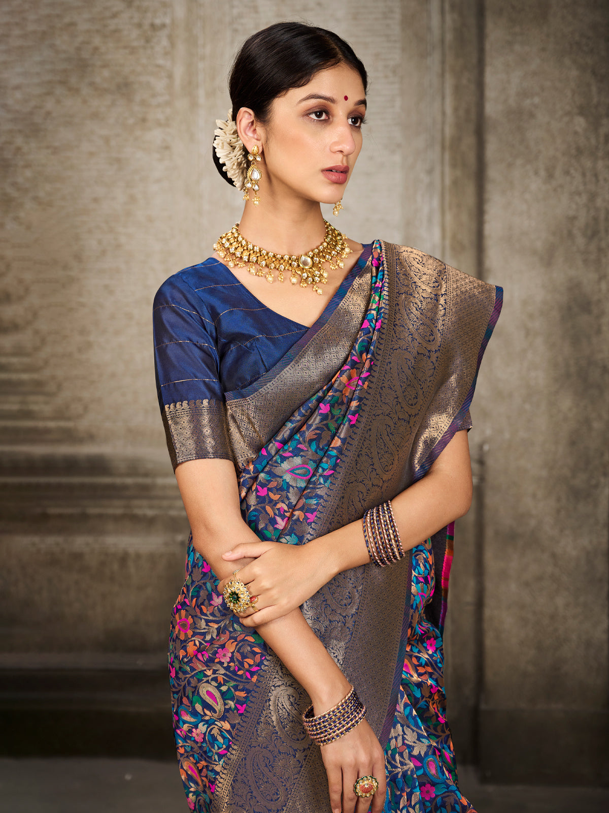 Kanjivaram Silk Navy Blue Saree with Antique Gold Minakari Kani Work