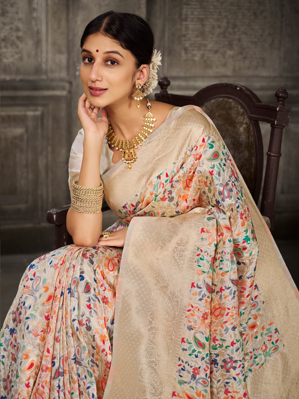 Kanjivaram Silk White Saree with Antique Gold Minakari Kani Work