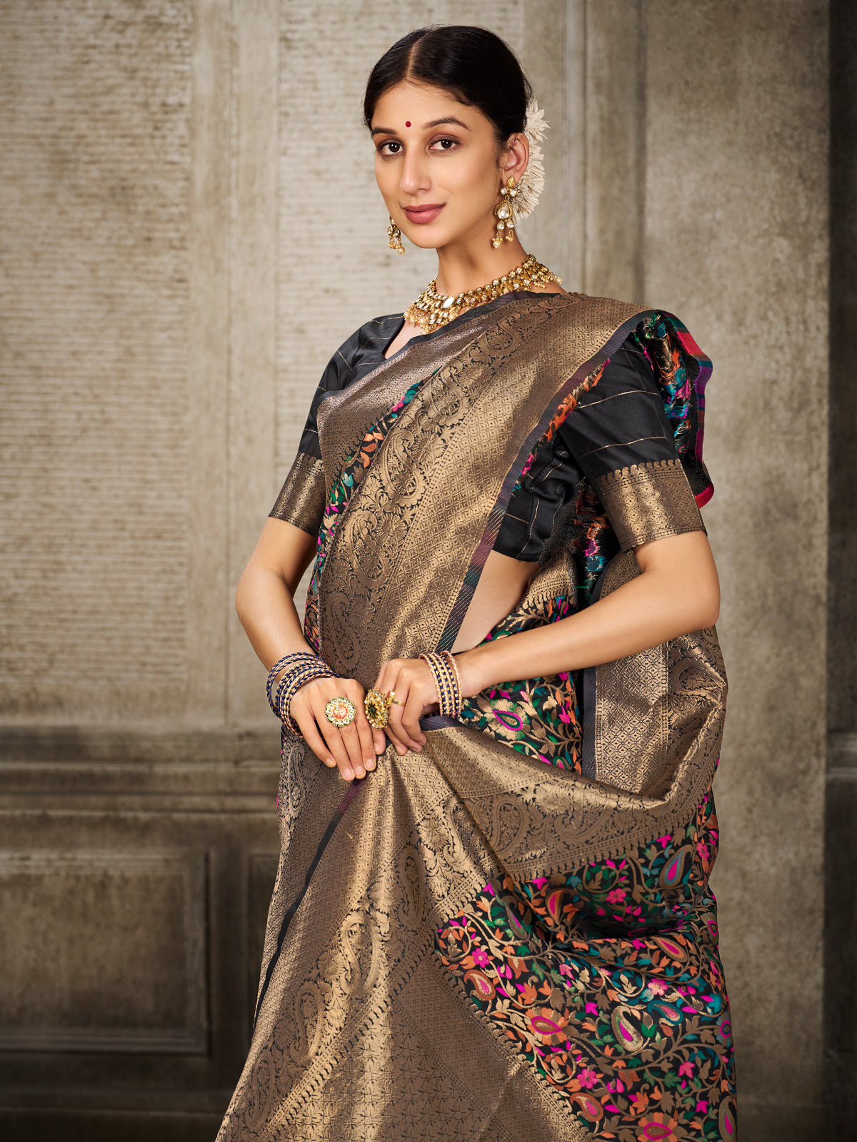 Kanjivaram Silk Black Saree with Antique Gold Minakari Kani Work