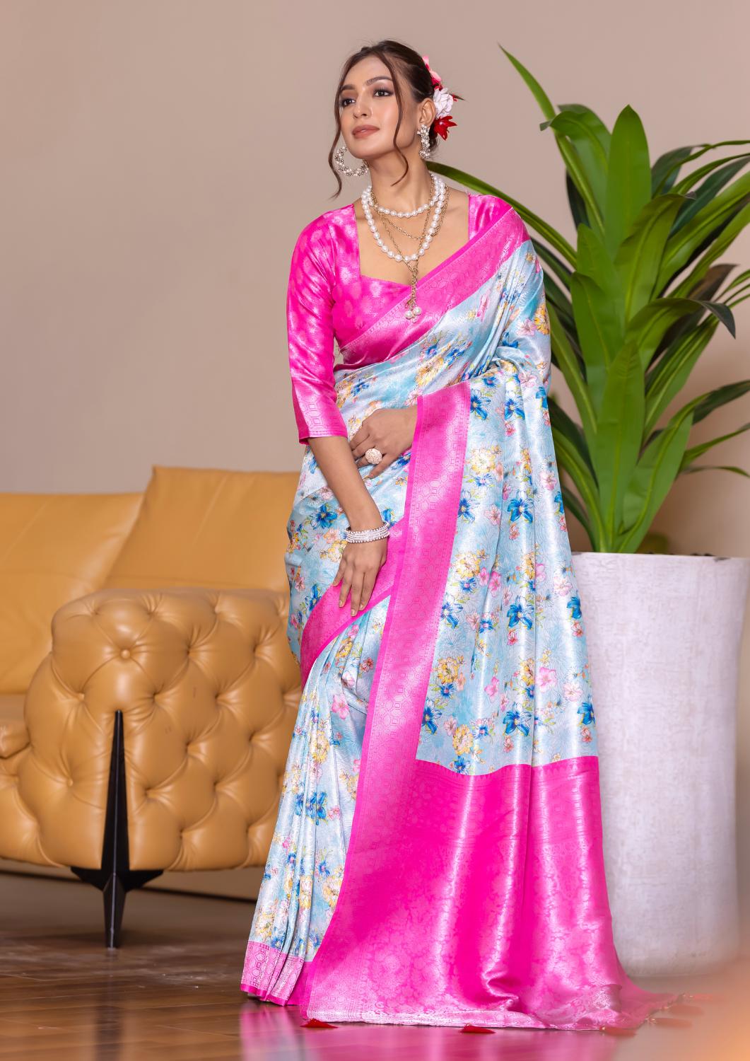 Banarasi Softy Digital Print Floral Silk Rani Pink Saree-Festive And Party Wear