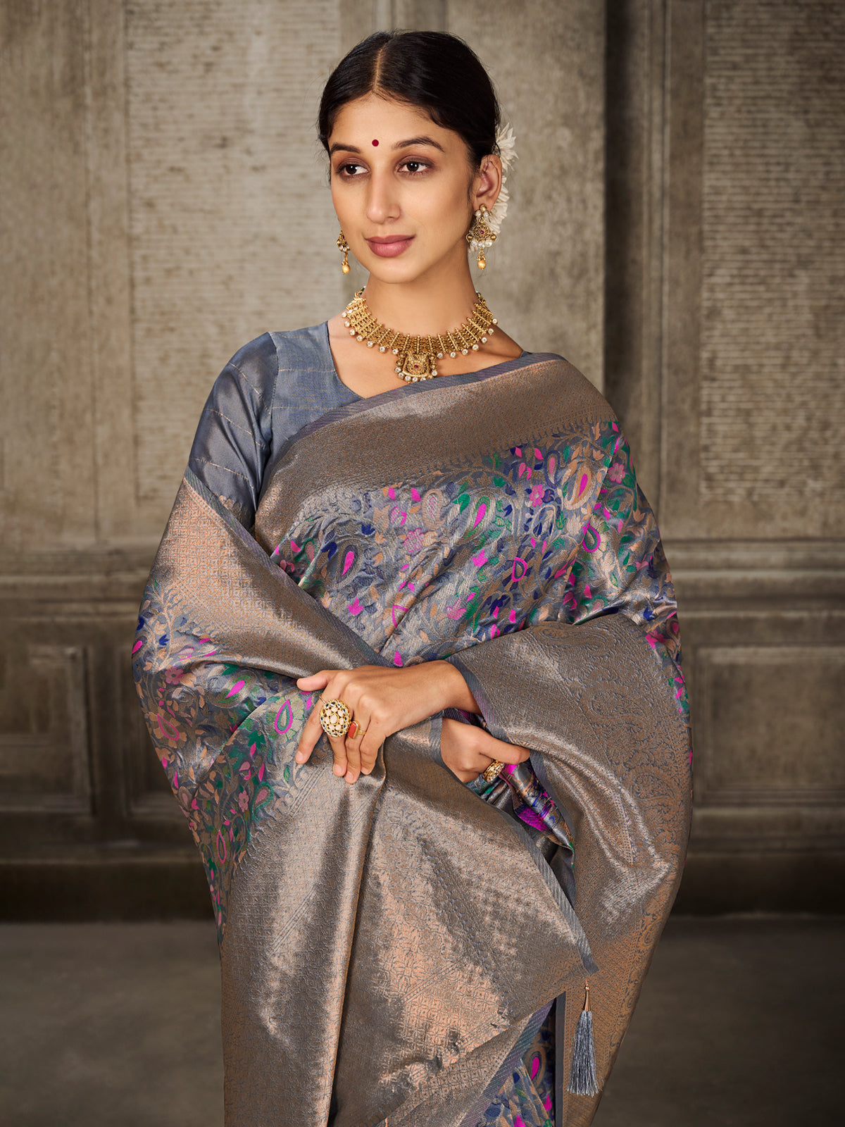 Kanjivaram Silk Grey Saree with Antique Gold Minakari Kani Work