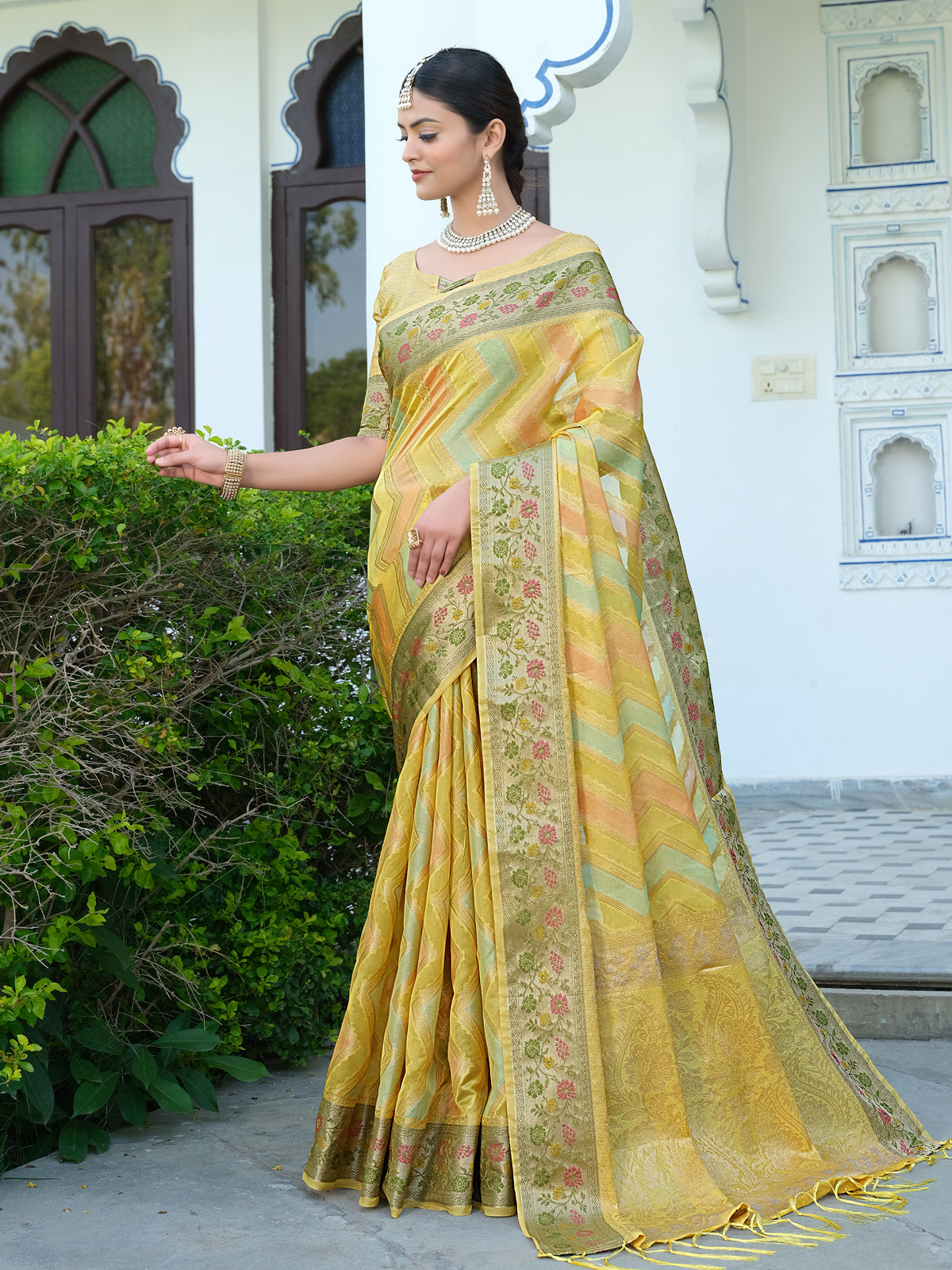 Orange Organza Saree with Multicolored Zari Embroidery