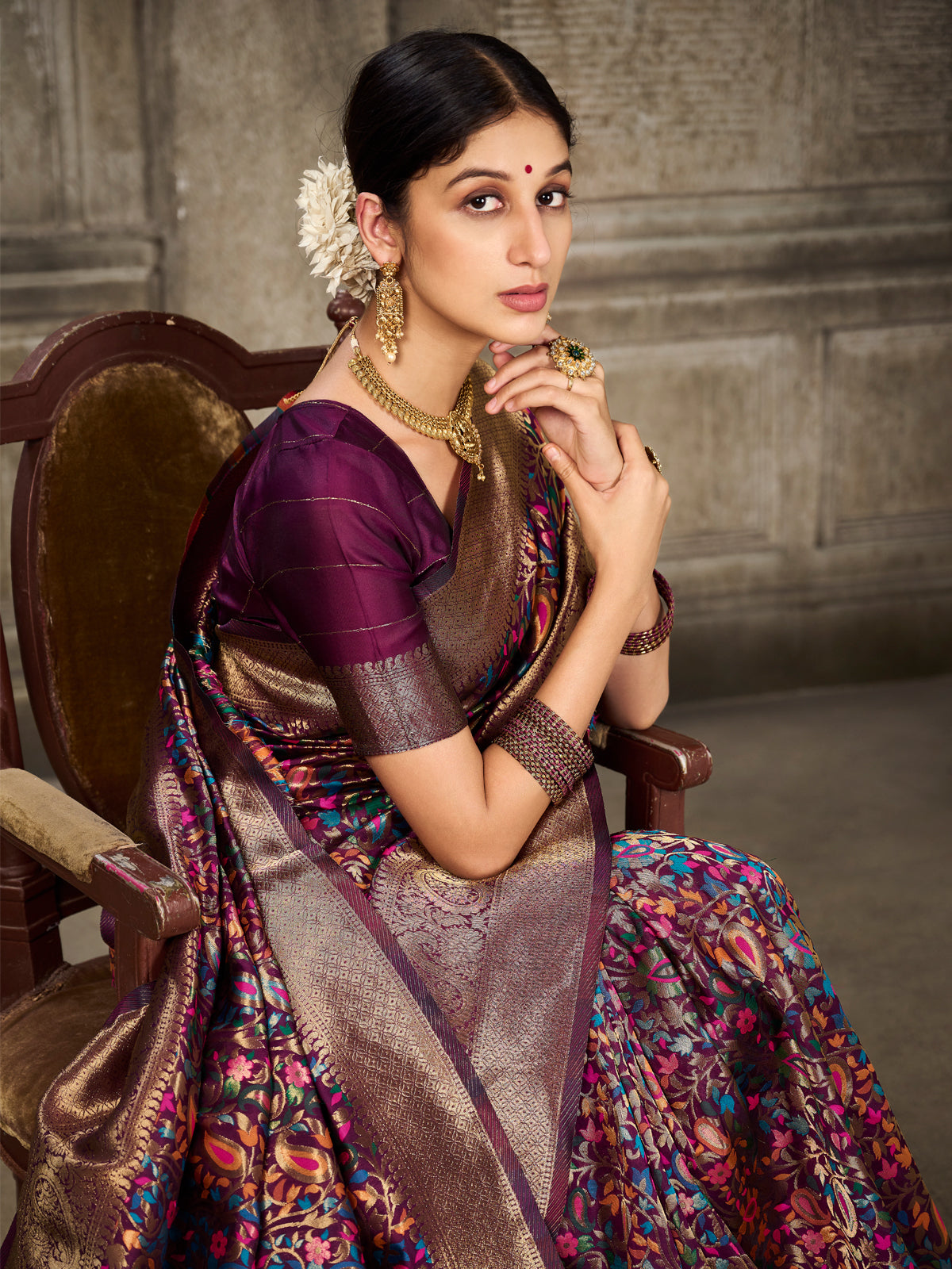 Kanjivaram Silk Gold Saree with Antique Gold Minakari Kani Work