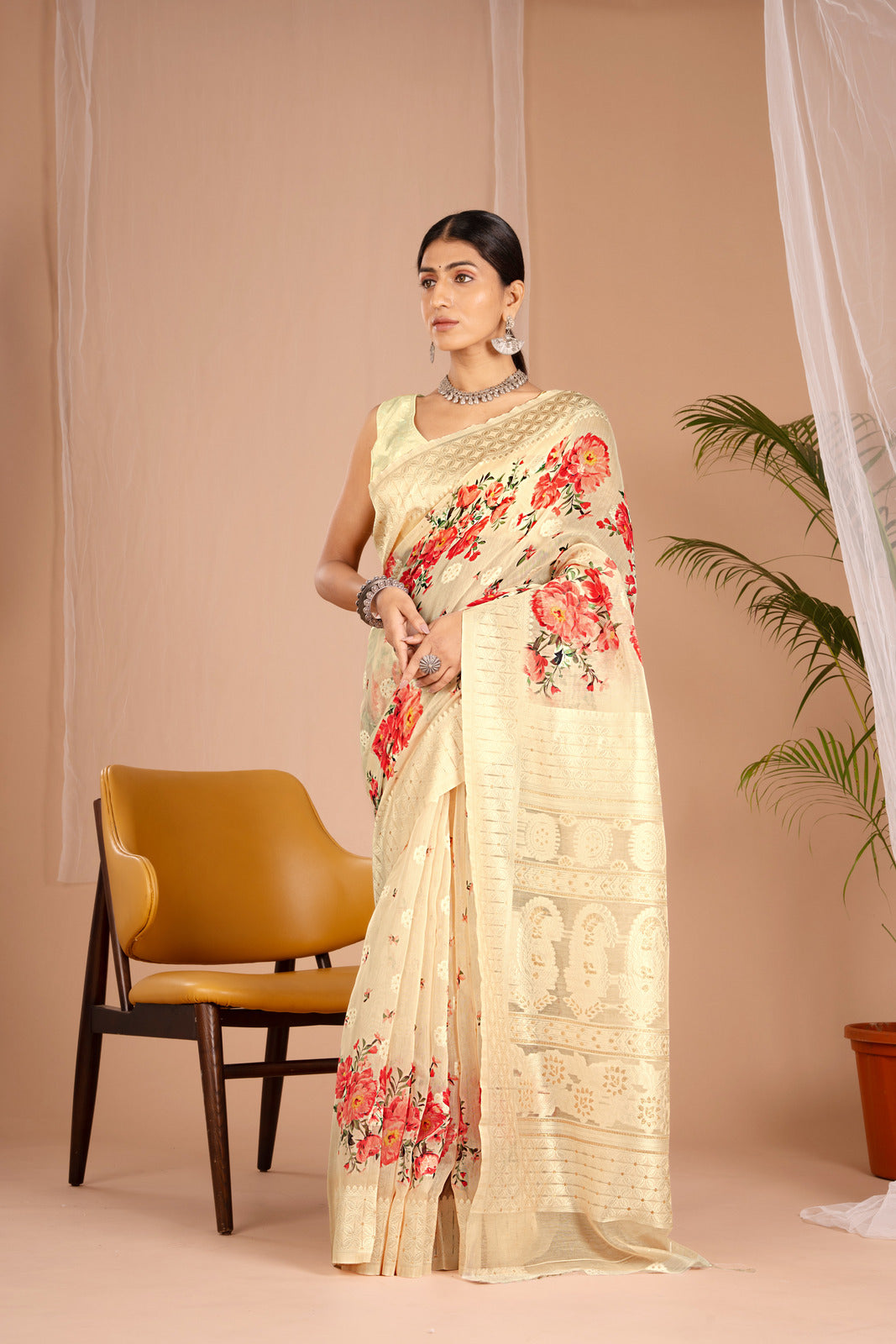 Lakhnawi Digital Print Powder Yellow Floral Saree