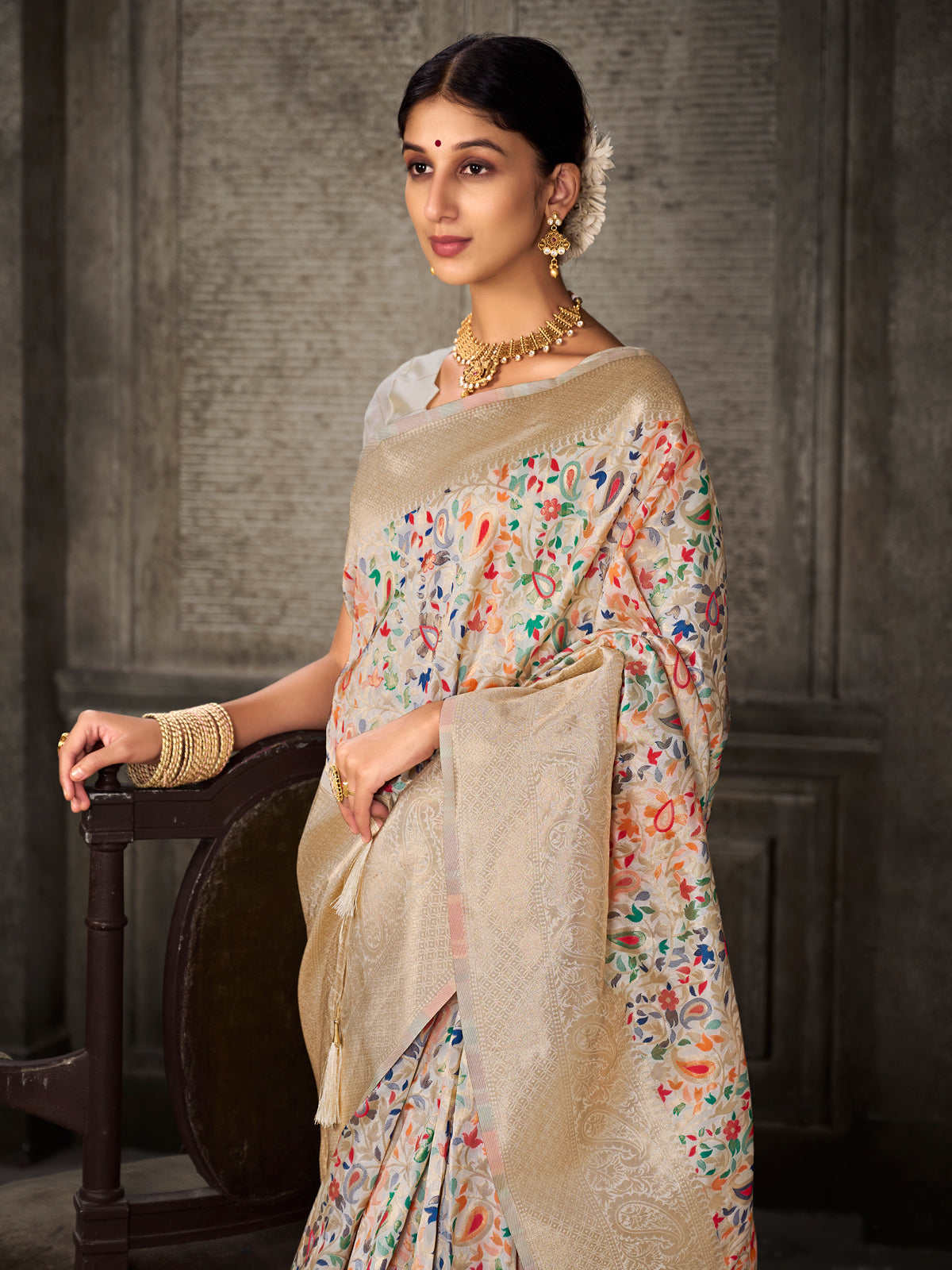 Kanjivaram Silk White Saree with Antique Gold Minakari Kani Work