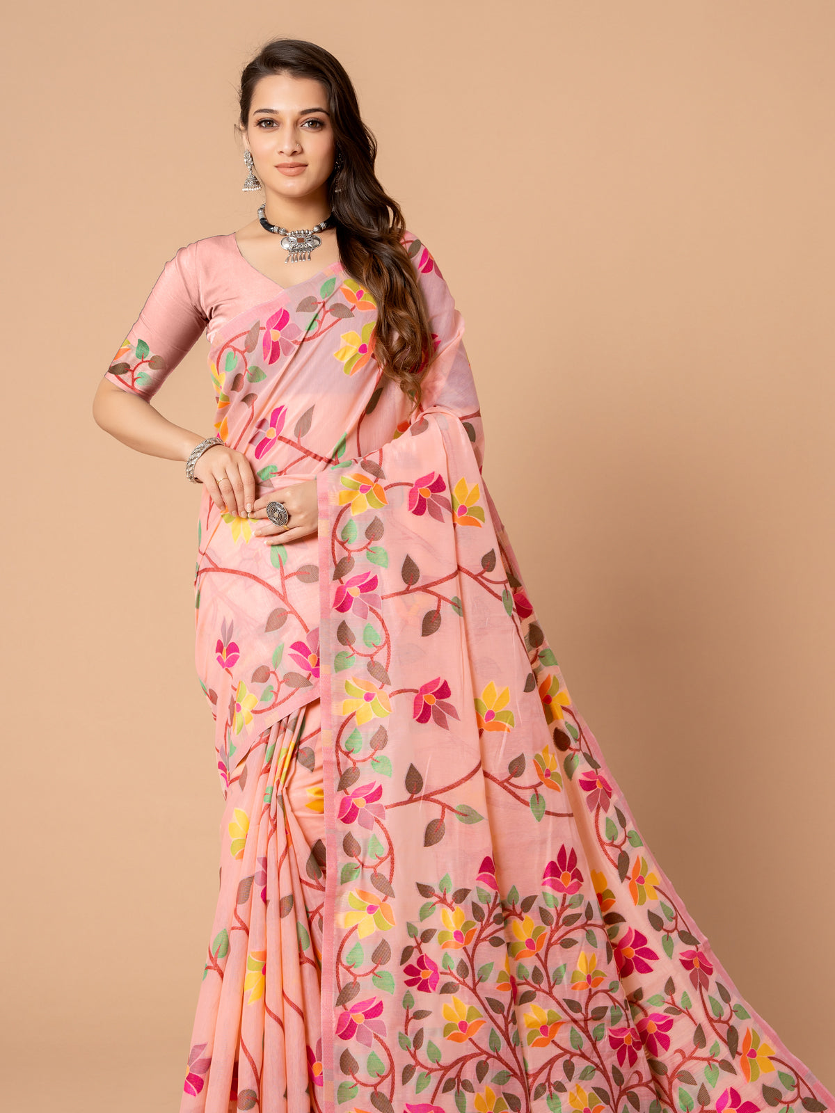 Charming Pink Cotton Muslin Saree with Multicolored Floral Jaal Design