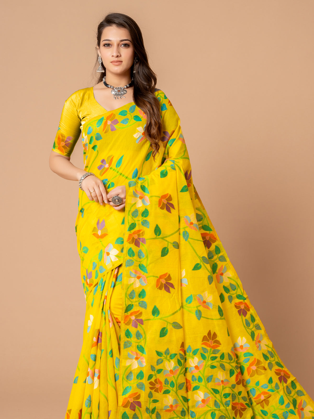 Sunny Yellow Cotton Muslin Saree with Multicolored Floral Jaal Patterns