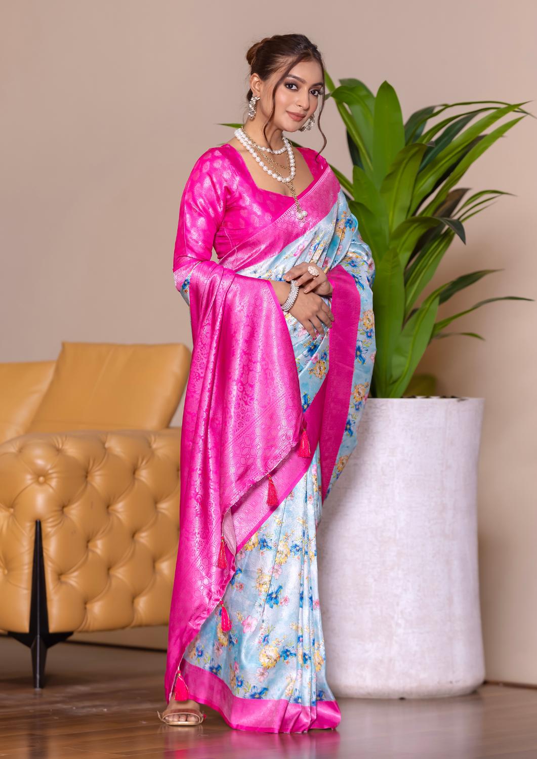 Banarasi Softy Digital Print Floral Silk Rani Pink Saree-Festive And Party Wear