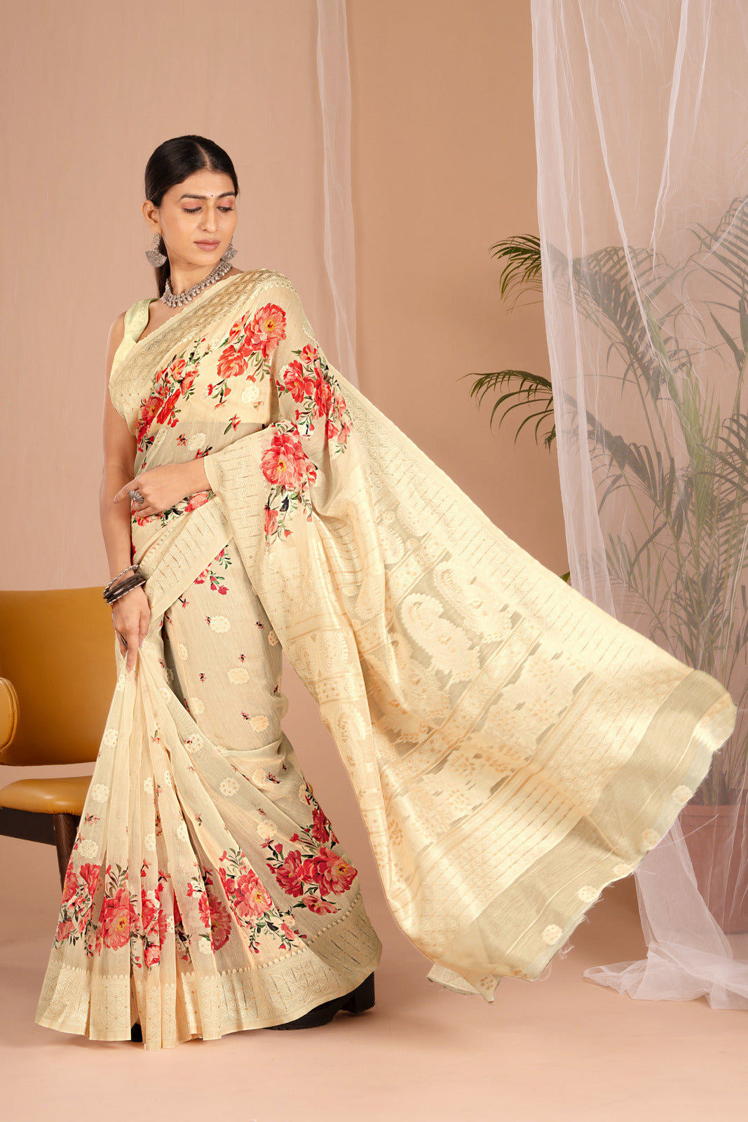 Lakhnawi Digital Print Powder Yellow Floral Saree