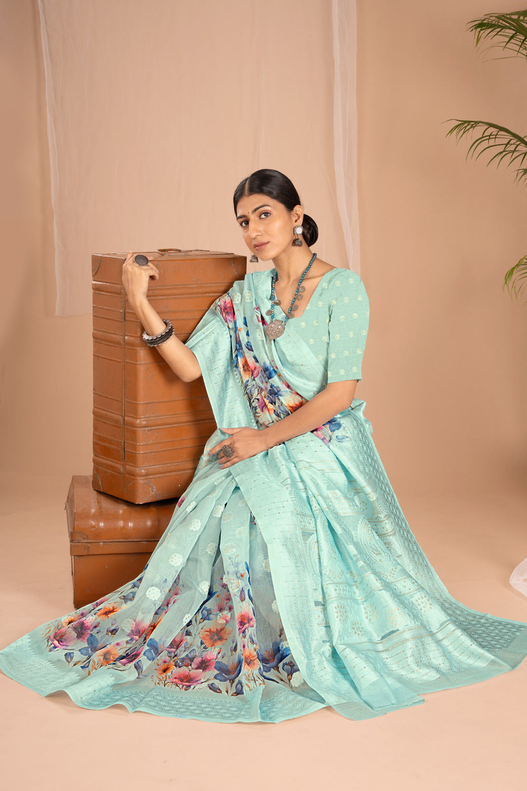 Lakhnawi Digital Print Sky Blue Floral Saree