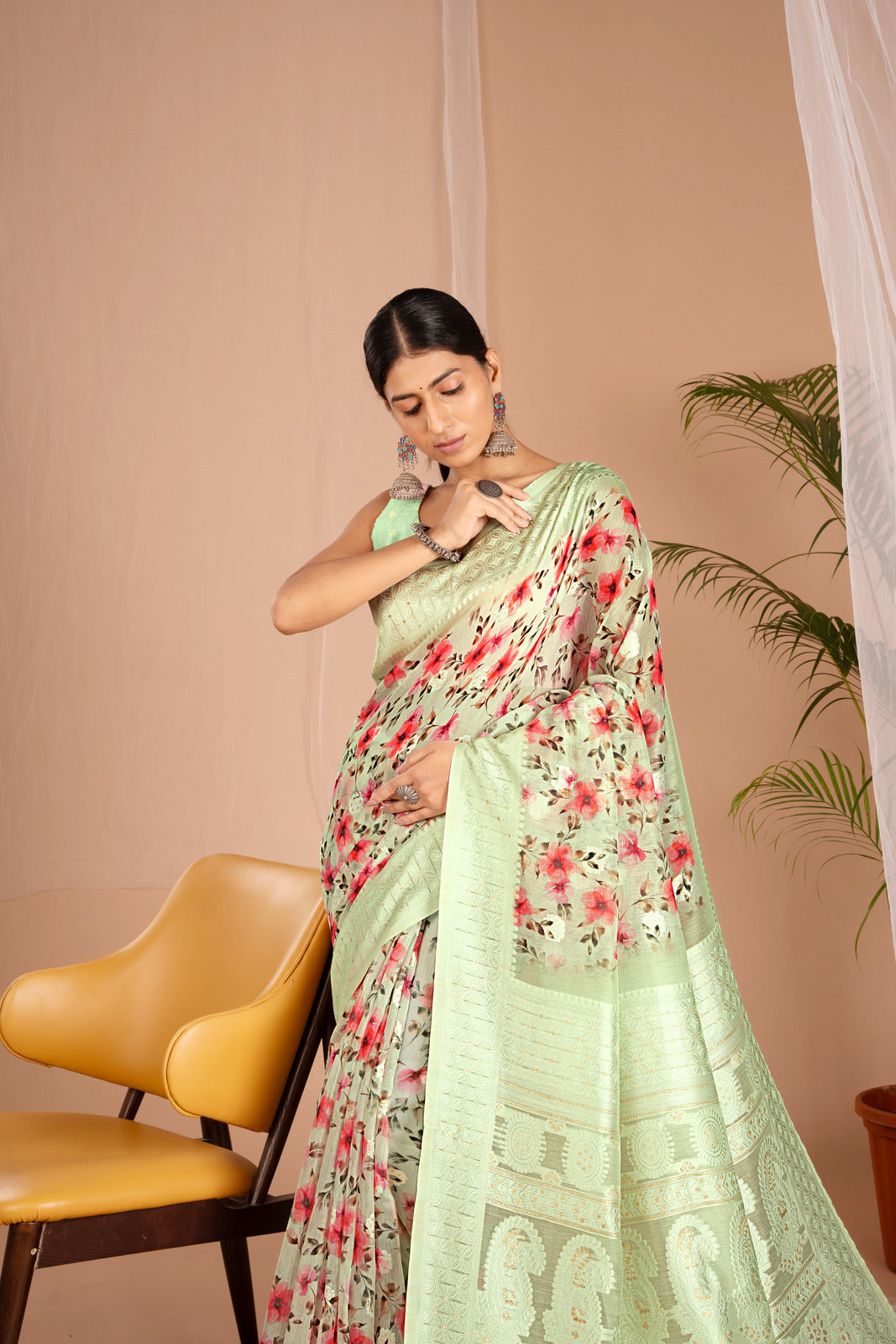 Lakhnawi Digital Print Light Green Floral Saree