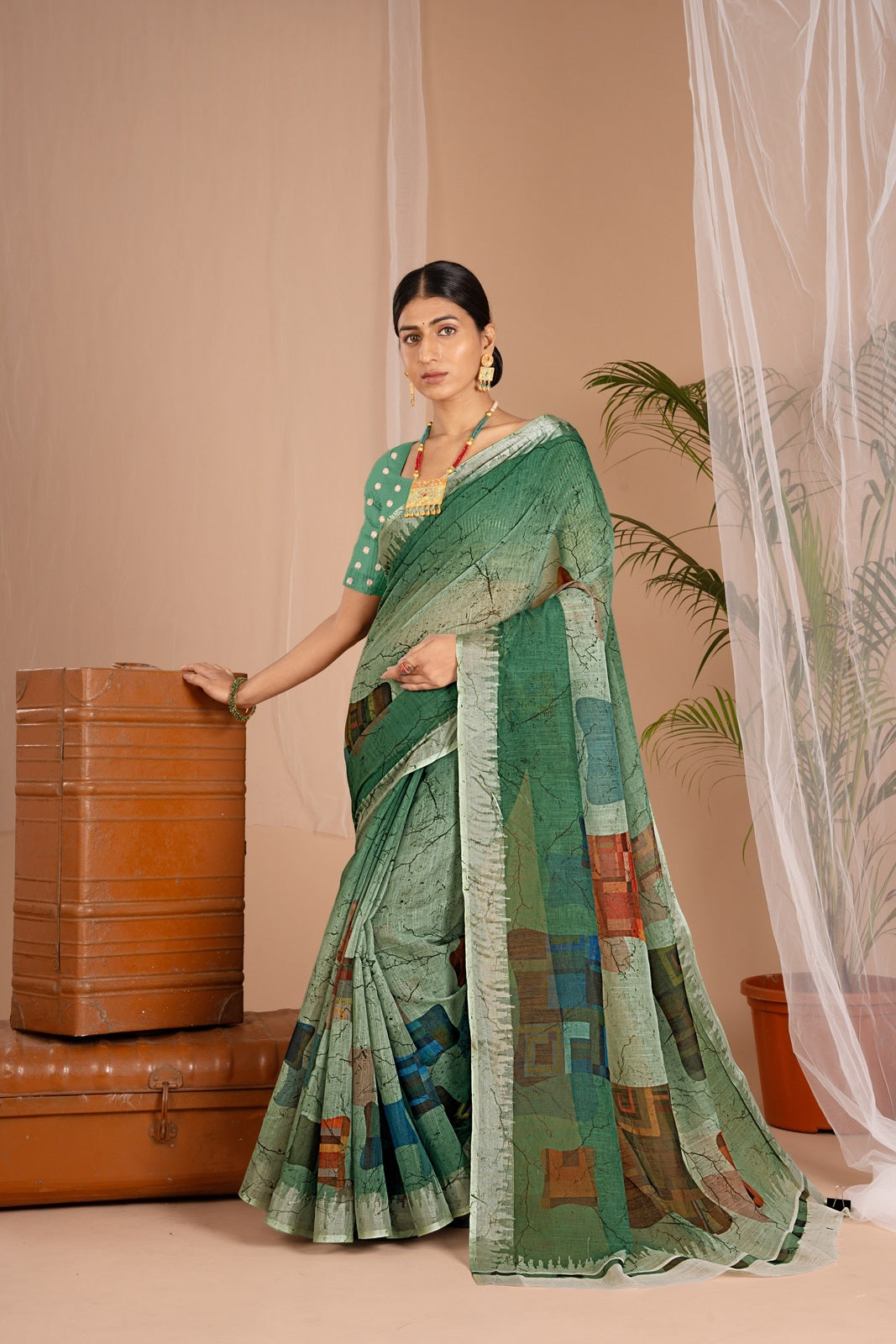 Silver Cot Green Digital Print Saree with Silver Border