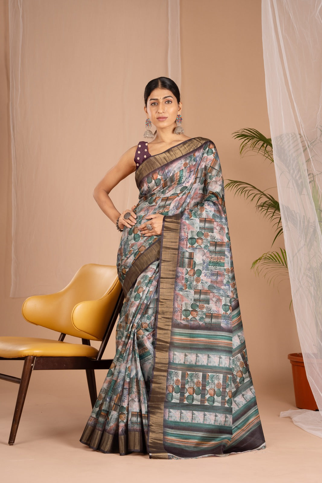 Golden Cot Digital Print Wine Floral Saree With Golden Border