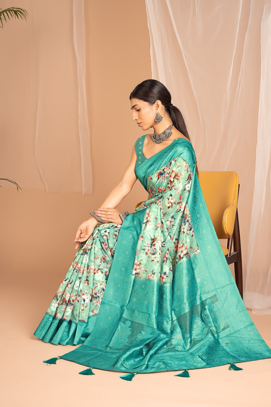 Lakhnawi Digital Print Sea Green Floral Saree
