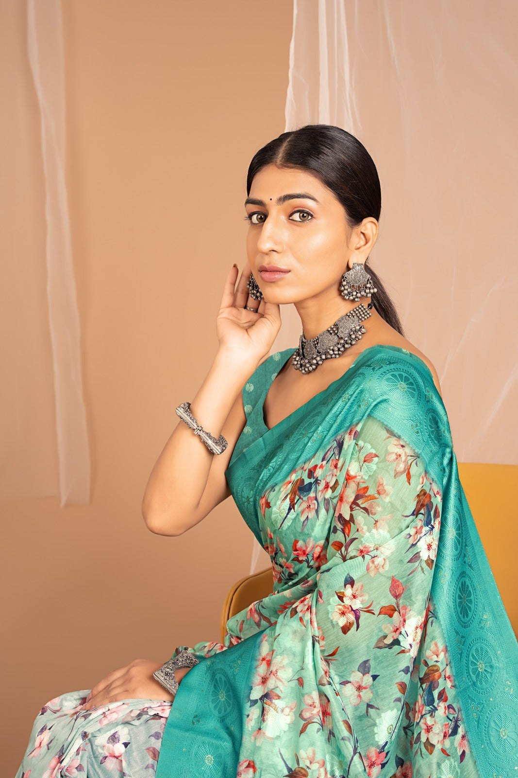 Lakhnawi Digital Print Sea Green Floral Saree