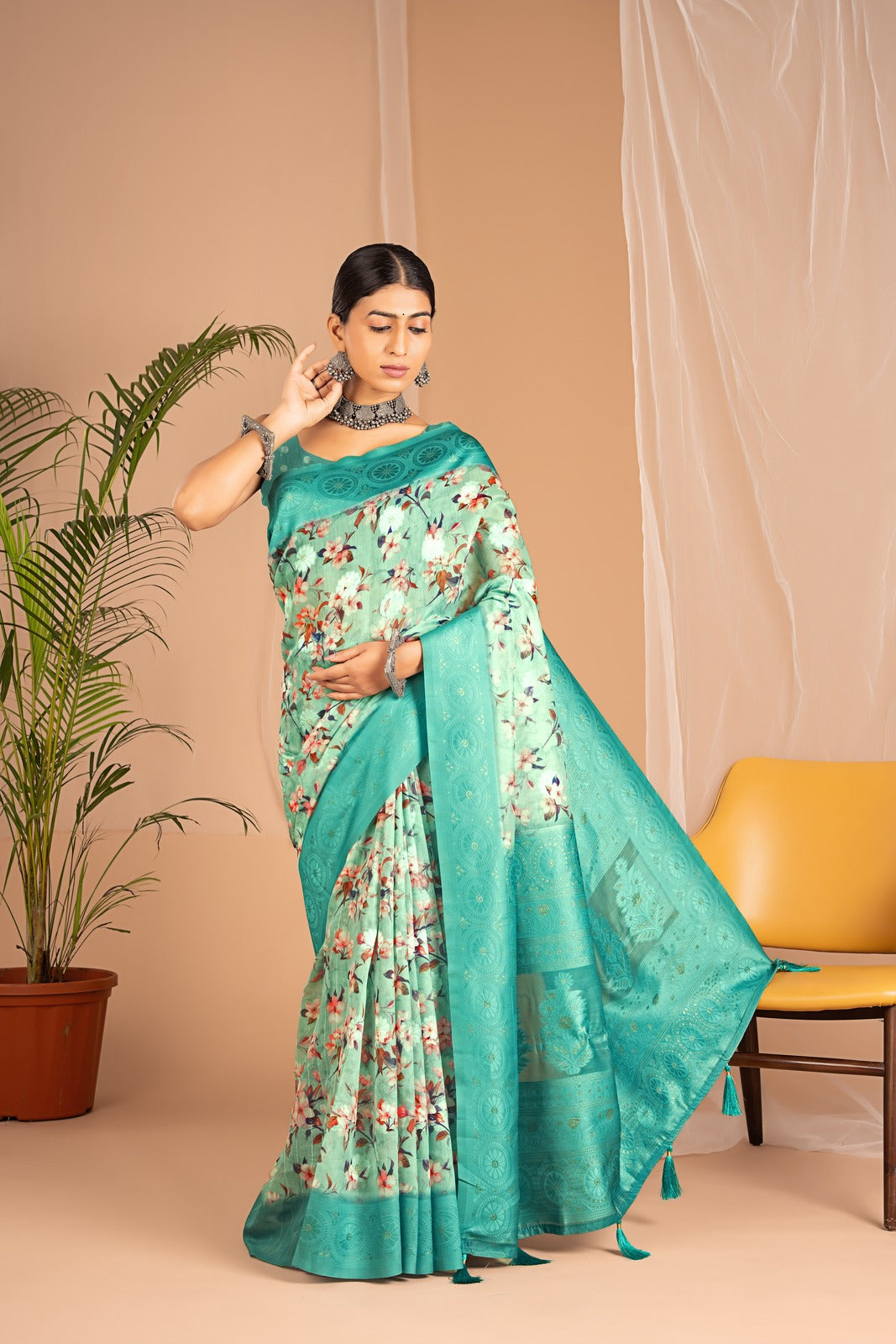 Lakhnawi Digital Print Sea Green Floral Saree