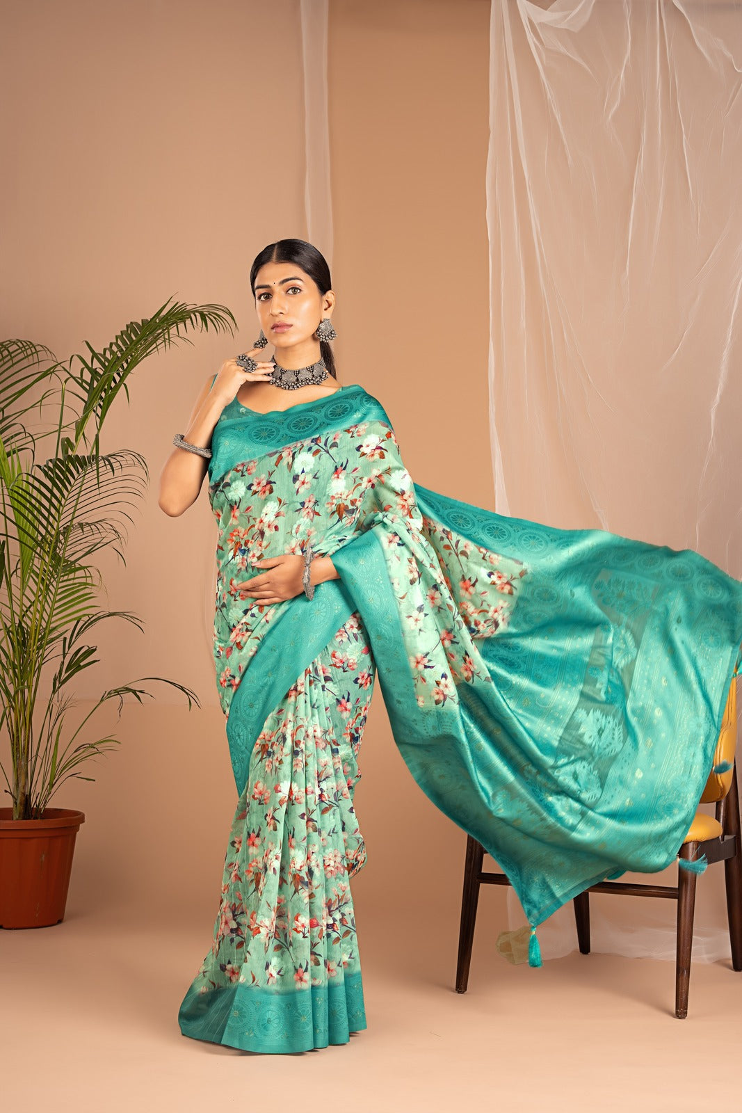 Lakhnawi Digital Print Sea Green Floral Saree