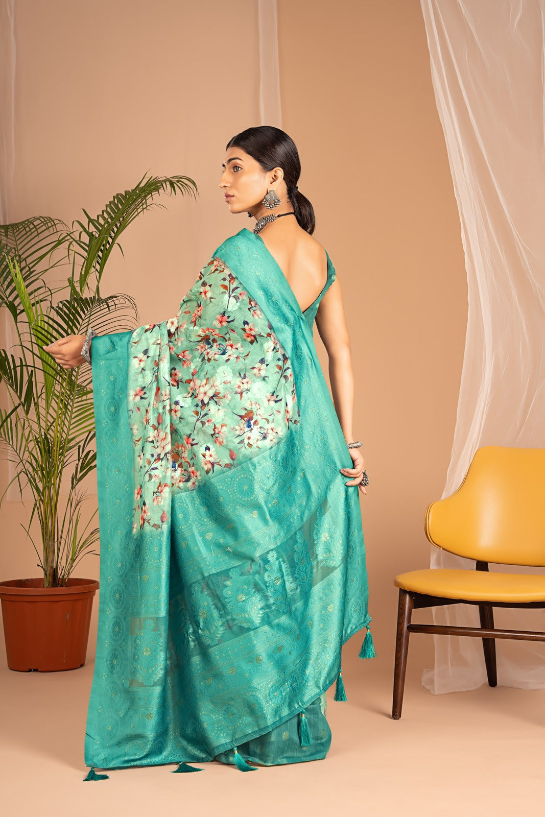 Lakhnawi Digital Print Sea Green Floral Saree