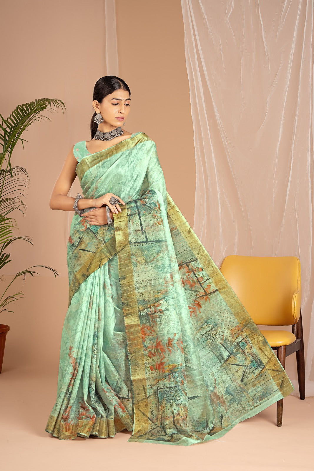 Golden Cot Handloom Silk Digital Print Light Green Floral Saree With Golden Border