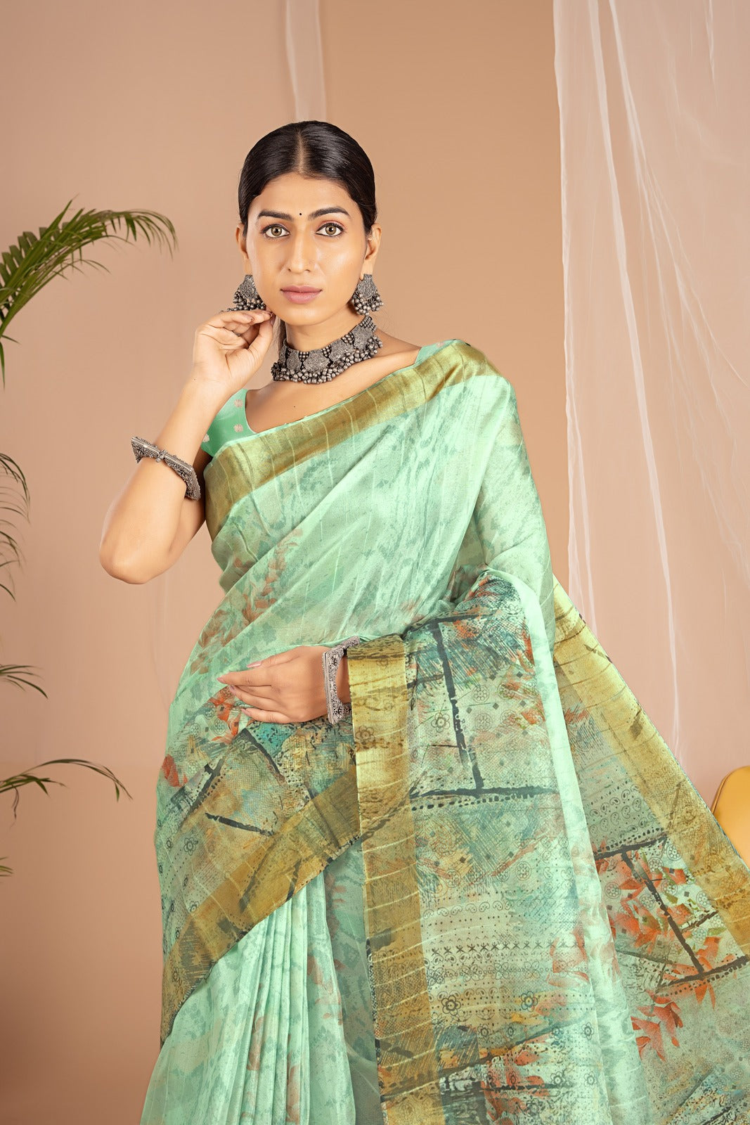 Golden Cot Handloom Silk Digital Print Light Green Floral Saree With Golden Border