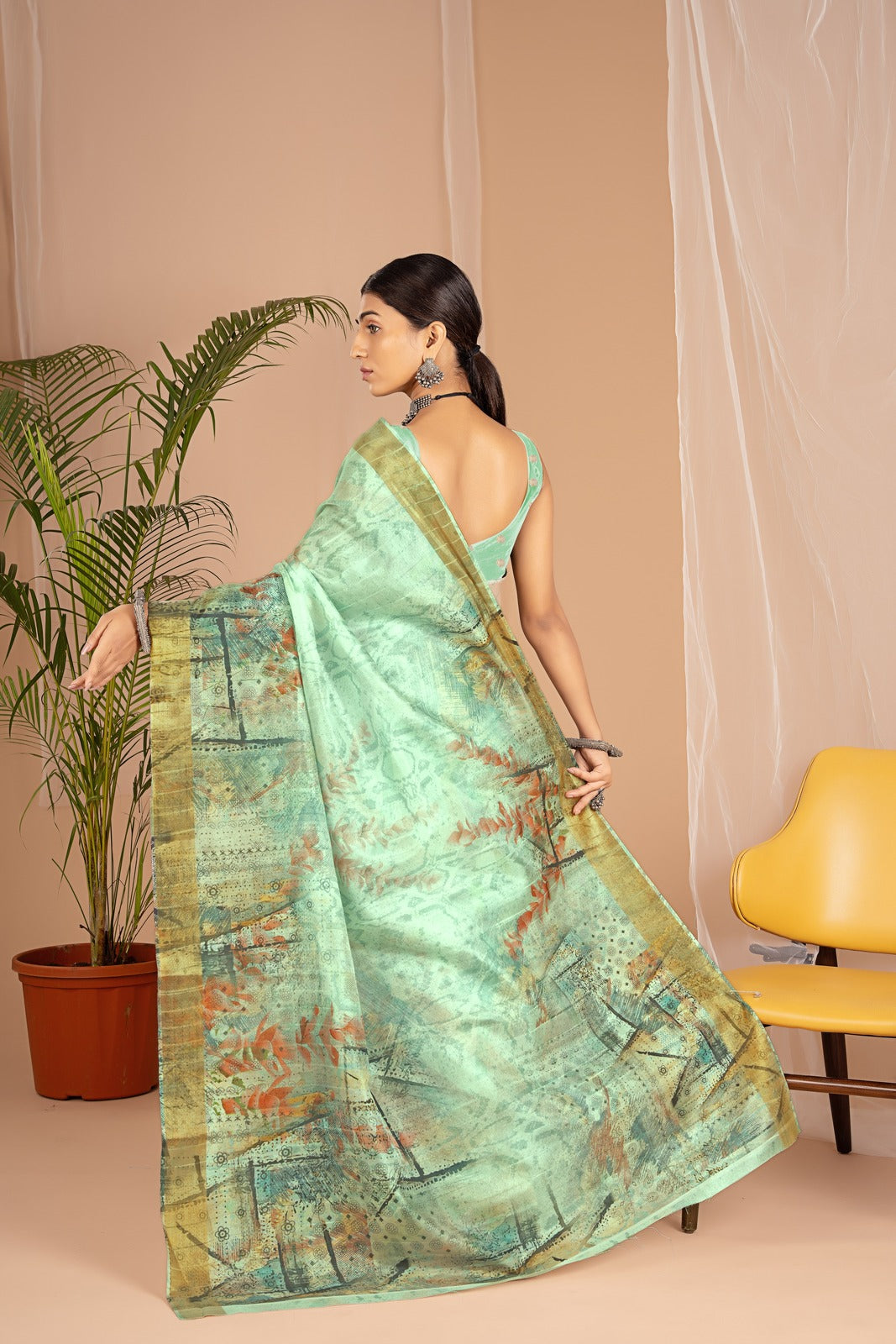 Golden Cot Handloom Silk Digital Print Light Green Floral Saree With Golden Border