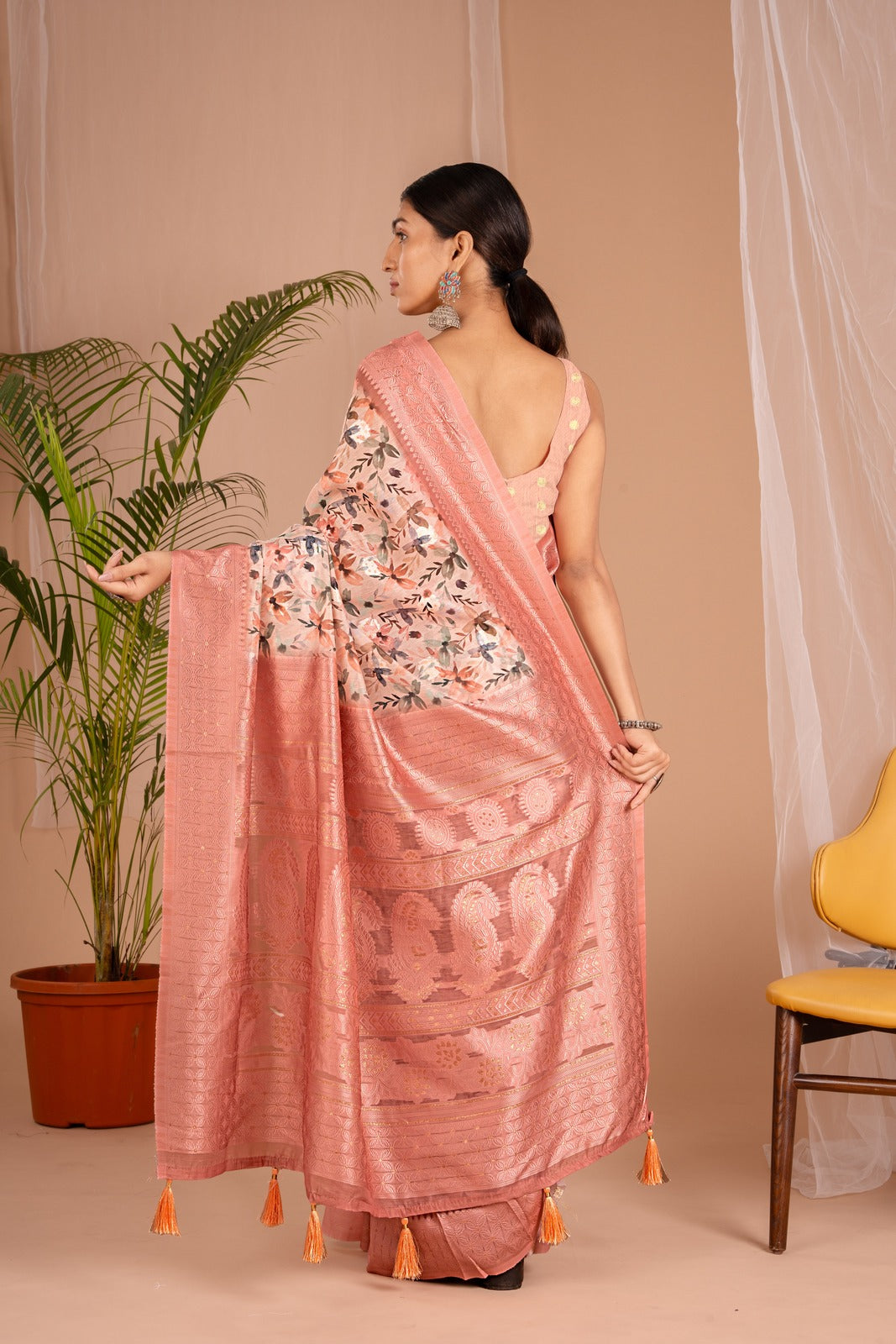 Lakhnawi Digital Print Peach Orange Floral Saree