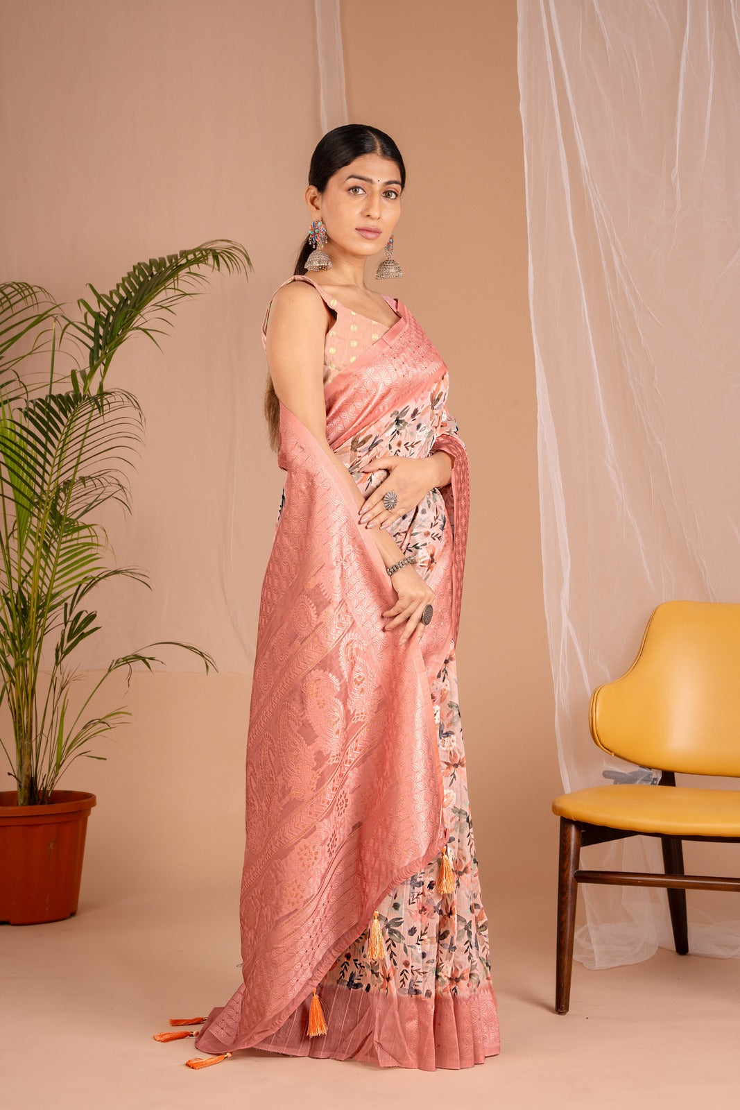 Lakhnawi Digital Print Peach Orange Floral Saree
