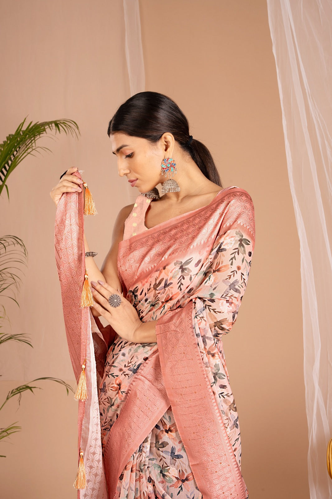 Lakhnawi Digital Print Peach Orange Floral Saree