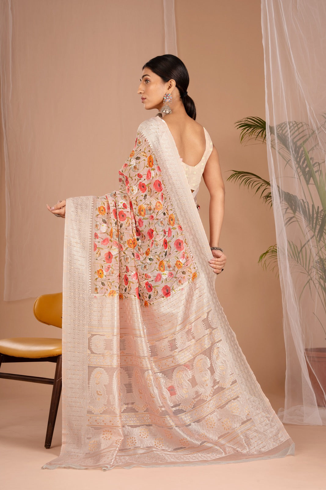 Lakhnawi Digital Print Peach Pink Floral Saree