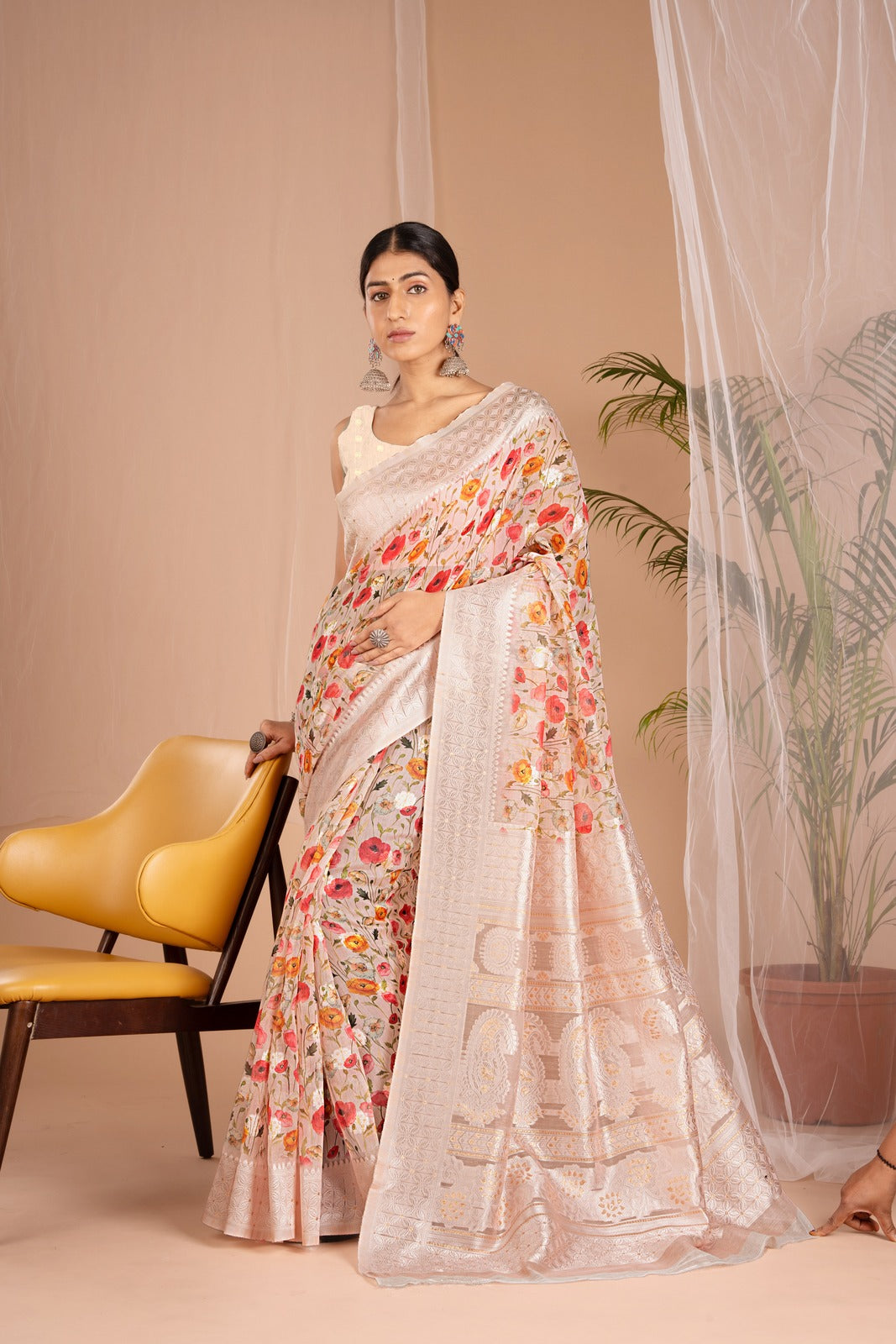 Lakhnawi Digital Print Peach Pink Floral Saree