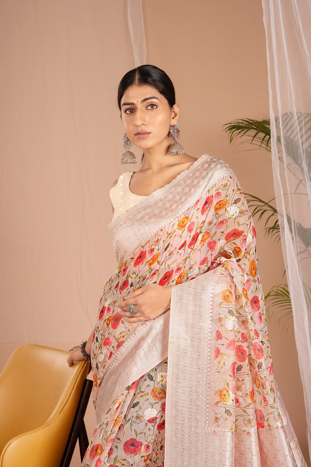 Lakhnawi Digital Print Peach Pink Floral Saree