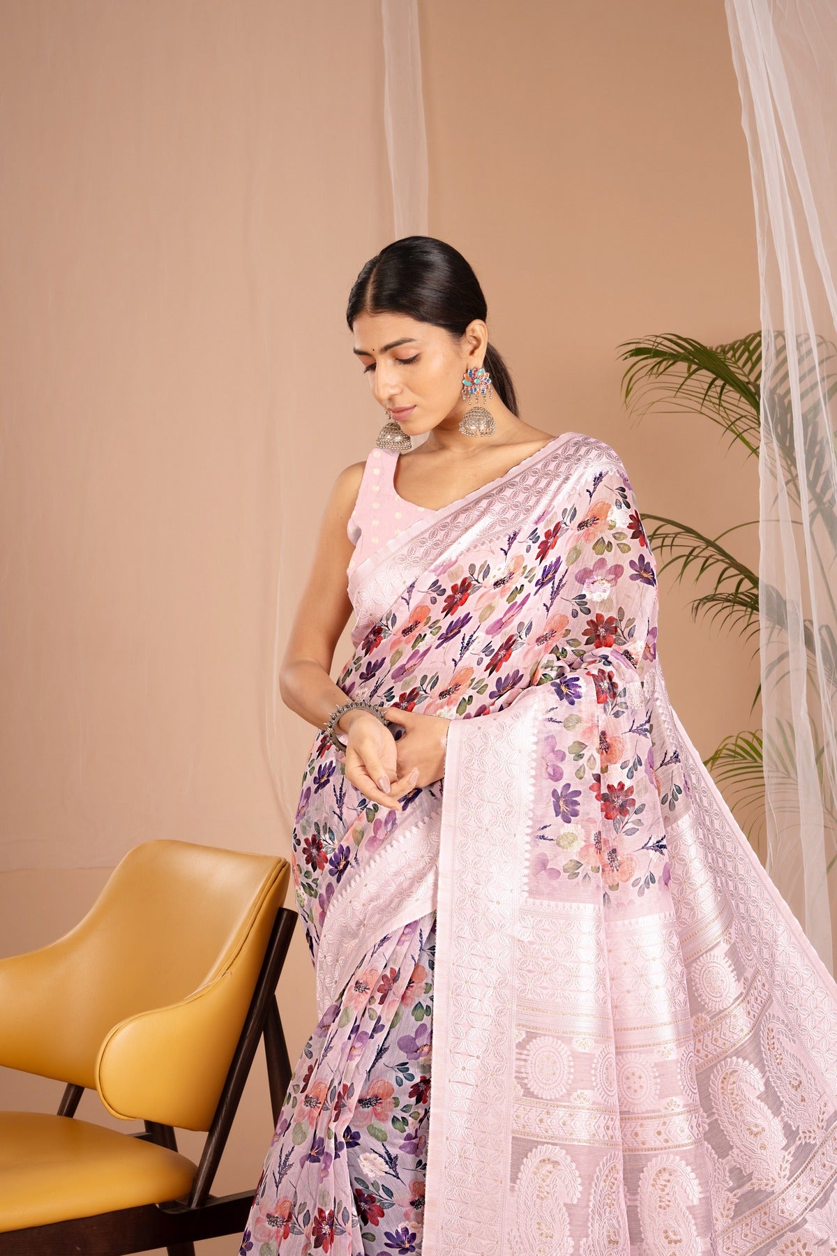 Lakhnawi Digital Print Light Purple Floral Saree