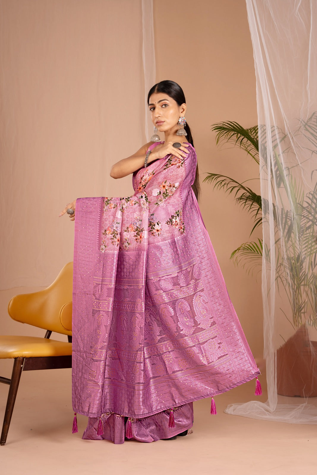 Lakhnawi Digital Print Purple Floral Saree