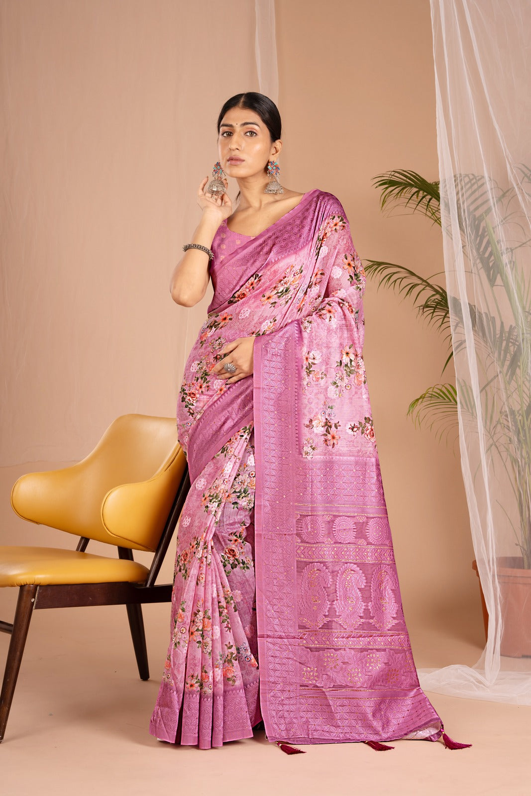 Lakhnawi Digital Print Purple Floral Saree