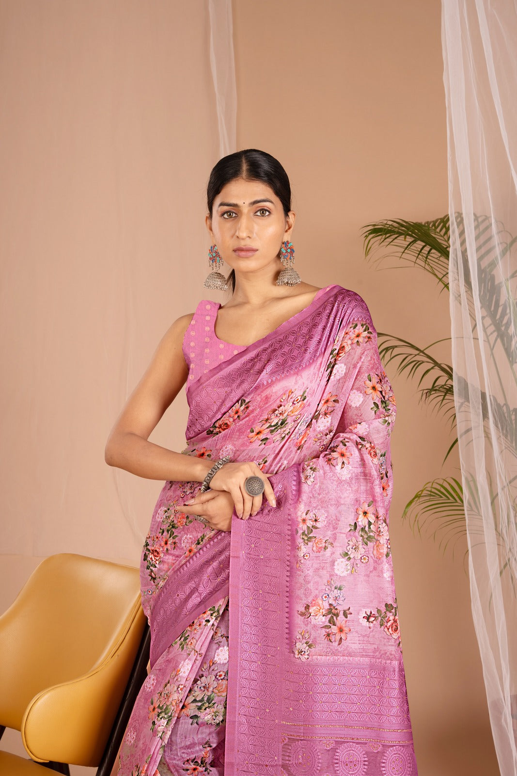 Lakhnawi Digital Print Purple Floral Saree