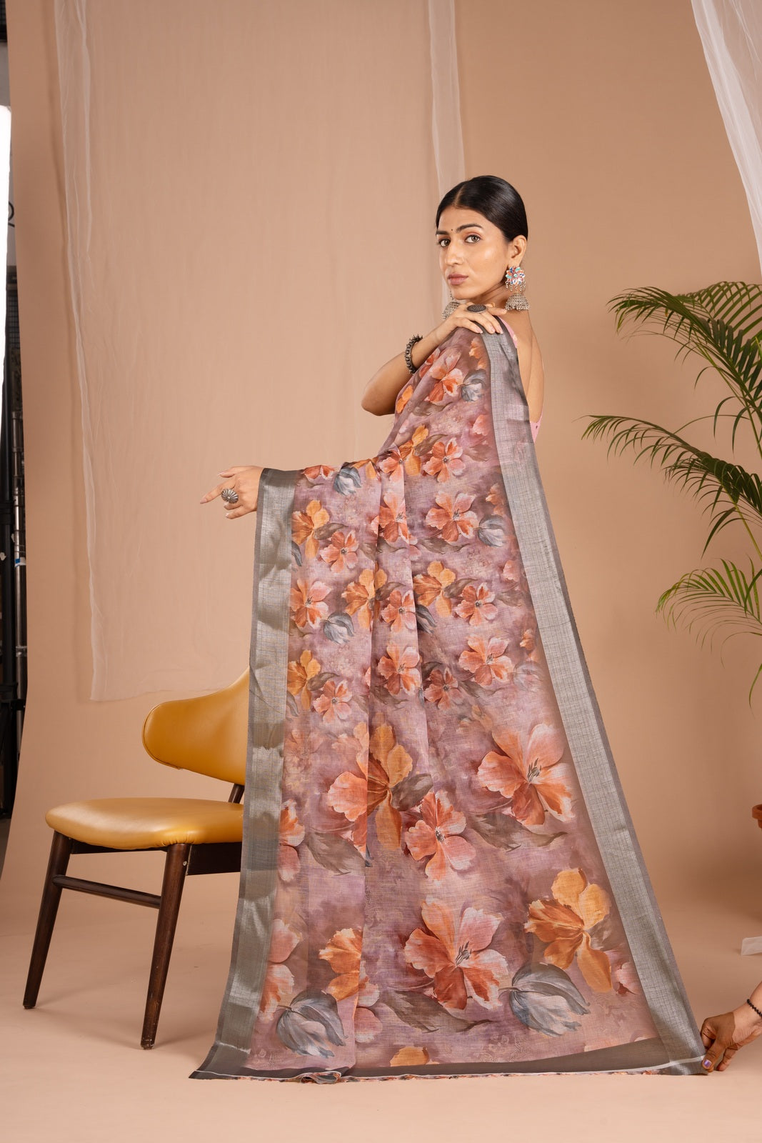 Silver Cot Light Purple Digital Print Saree with Silver Border