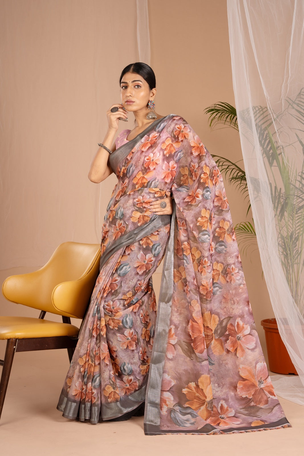 Silver Cot Light Purple Digital Print Saree with Silver Border
