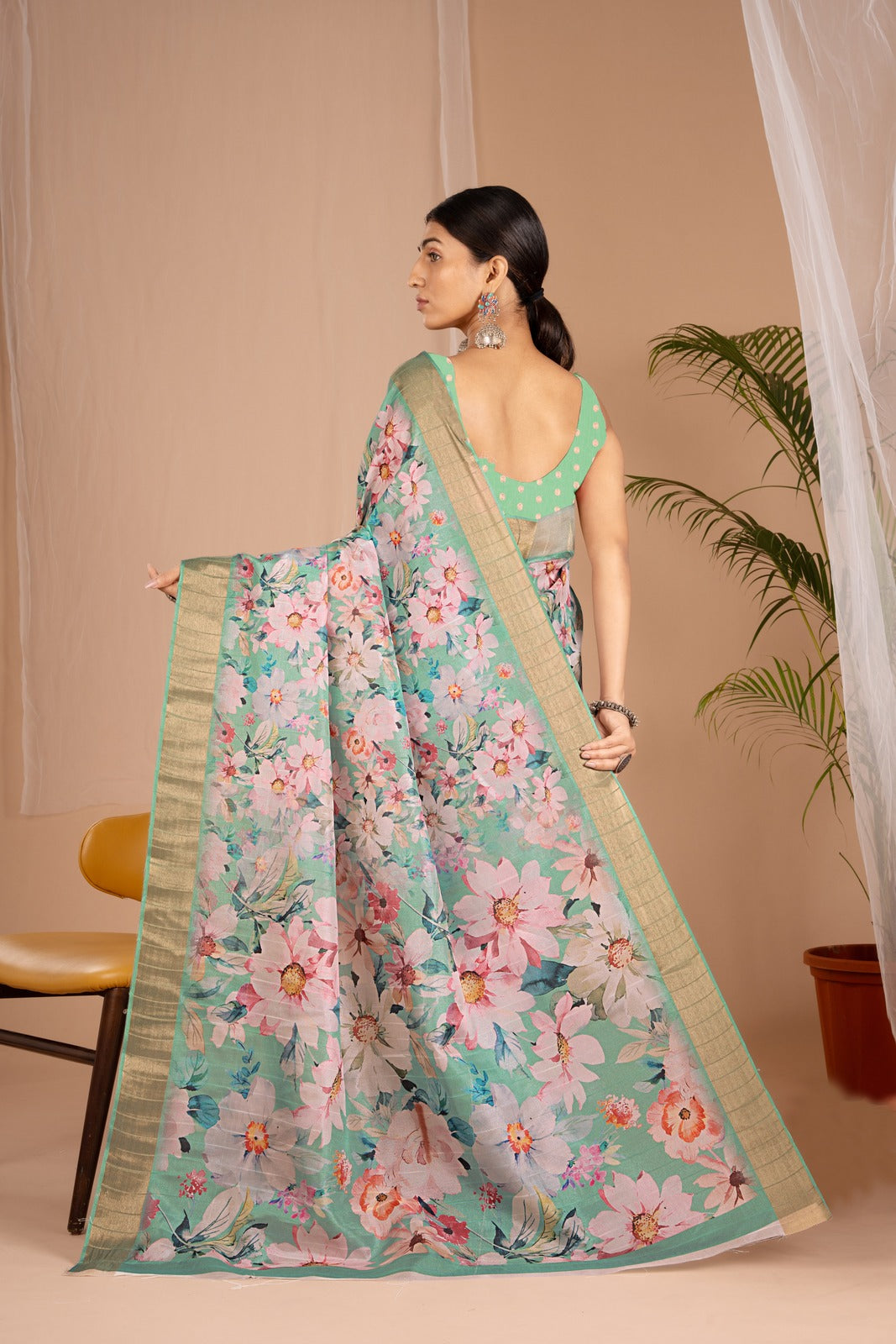 Golden Cot Handloom Silk Digital Print Aqua Green Floral Saree With Golden Border