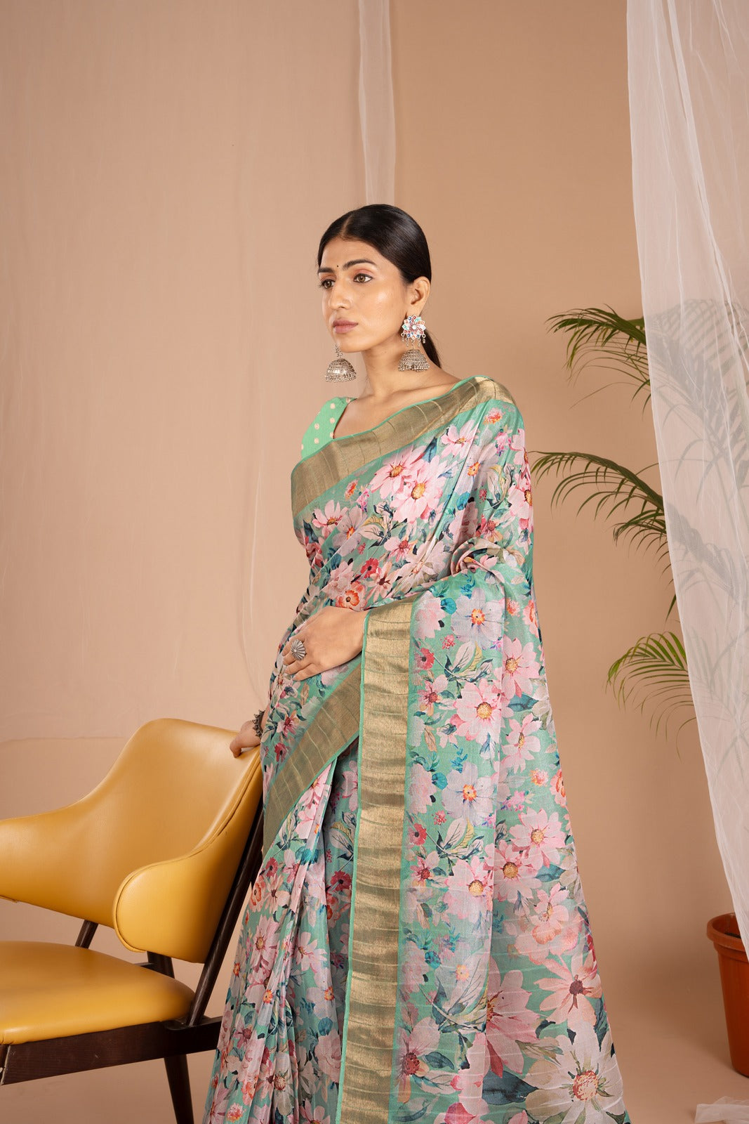 Golden Cot Handloom Silk Digital Print Aqua Green Floral Saree With Golden Border