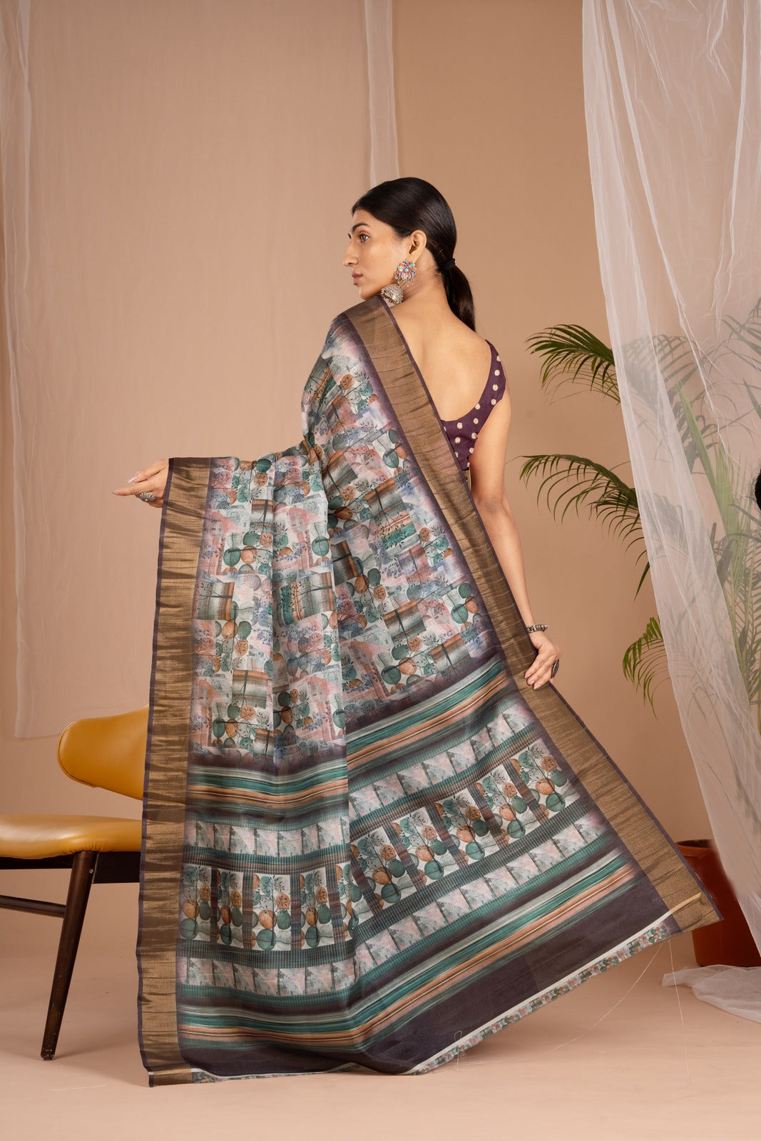 Golden Cot Digital Print Wine Floral Saree With Golden Border