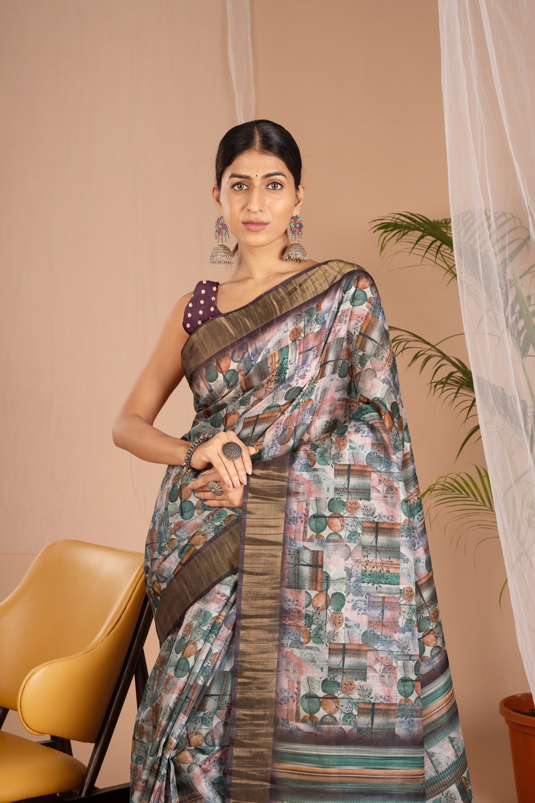 Golden Cot Digital Print Wine Floral Saree With Golden Border