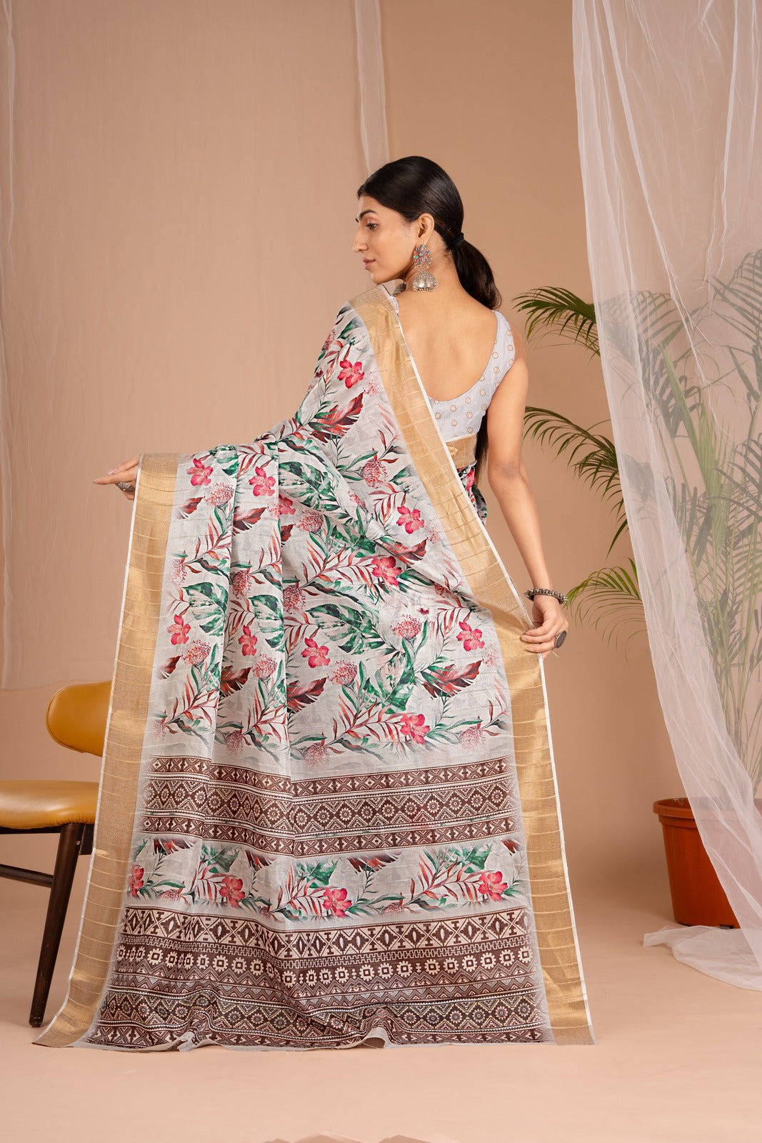 Golden Cot Handloom Silk Digital Print White Floral Saree With Golden Border
