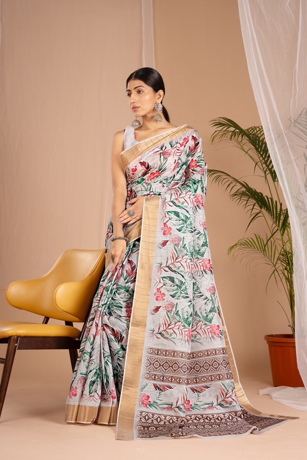 Golden Cot Handloom Silk Digital Print White Floral Saree With Golden Border